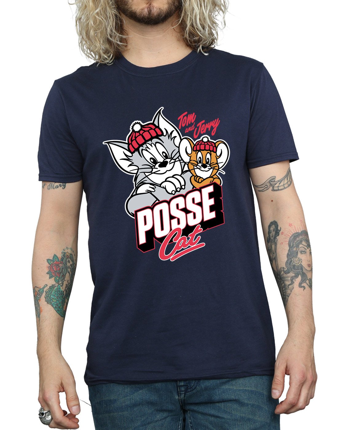 TOM and JERRY Men's Graphic T-Shirt - Large Navy Blue Cat & Mouse Cartoon Tee - Perfect for Casual Wear, Cosplay, and Gift Giving
