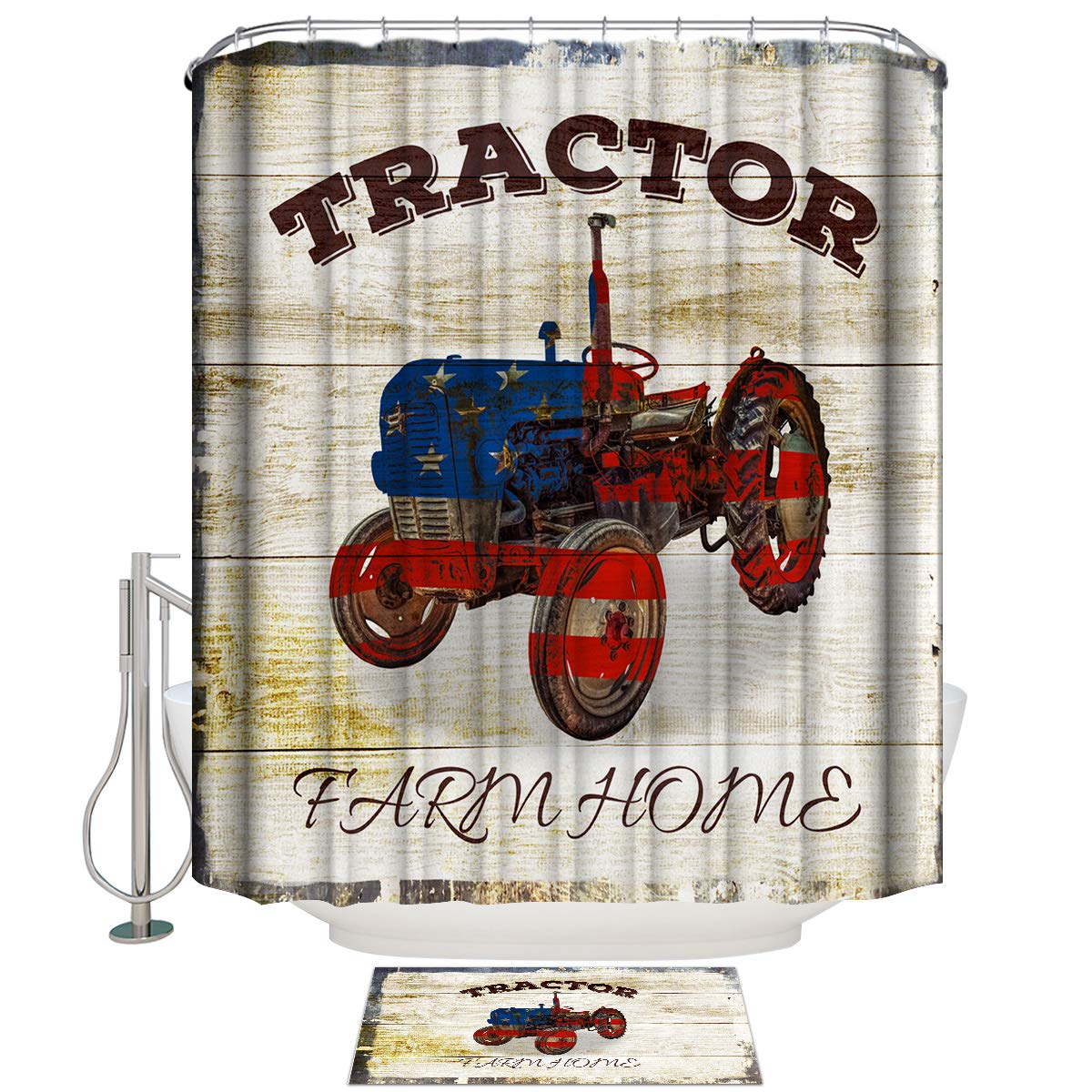 Vintage American Flag Farm Tractor Shower Curtain Set with 12 Hooks - Rustic Wood Bathroom Decor with Matching Rugs for Farmhouse Style Bathroom Decorating