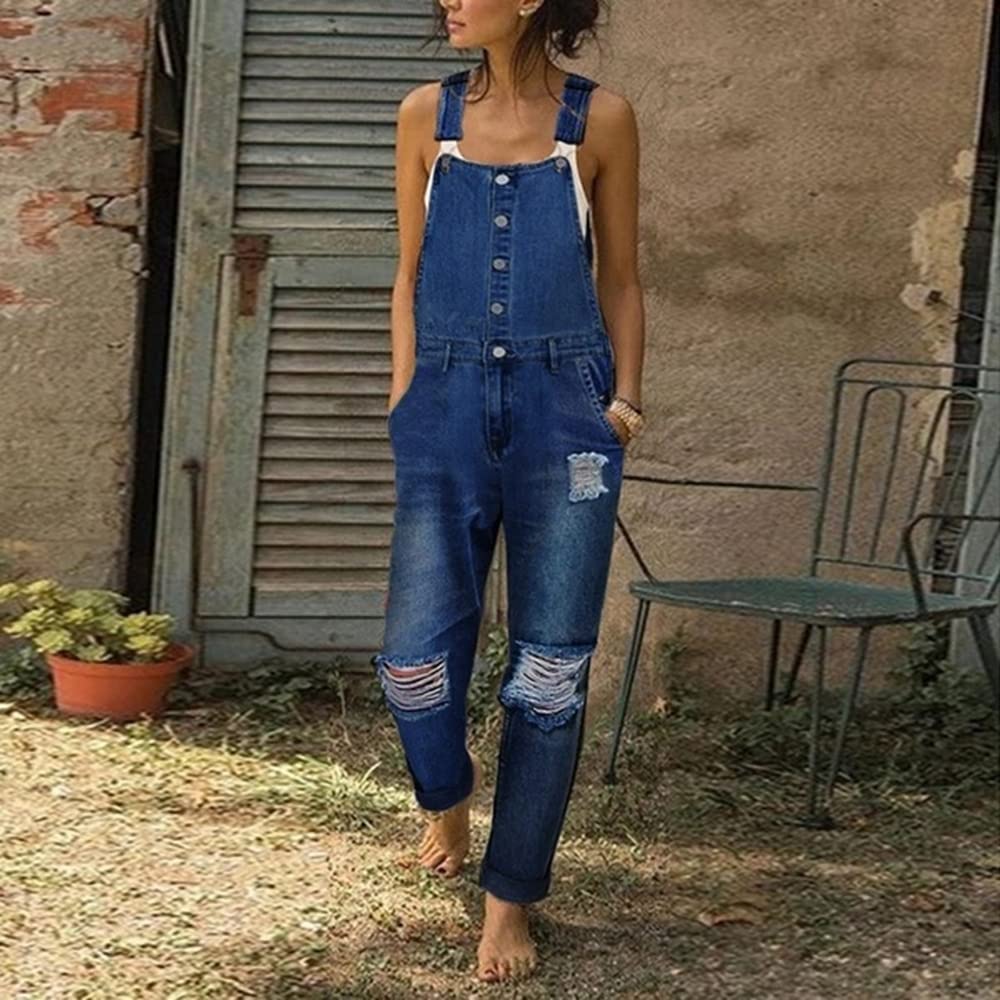 Women's Casual Button Down Bib Overall Jean Jumpsuit - Ripped Distressed Stretch Denim Romper | Perfect for Streetwear, Music Festivals & Everyday Fashion