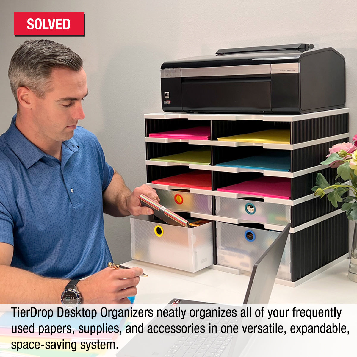 Desktop Organizer with 8 Letter Trays, 2 Supply & 2 Storage Drawers - TierDrop™ Plus Document Sorter with Riser Base | Space-Saving Office Desk Accessory for Paper, Files & Supplies | Perfect for Home Office, Workstation & Study Desk Organization