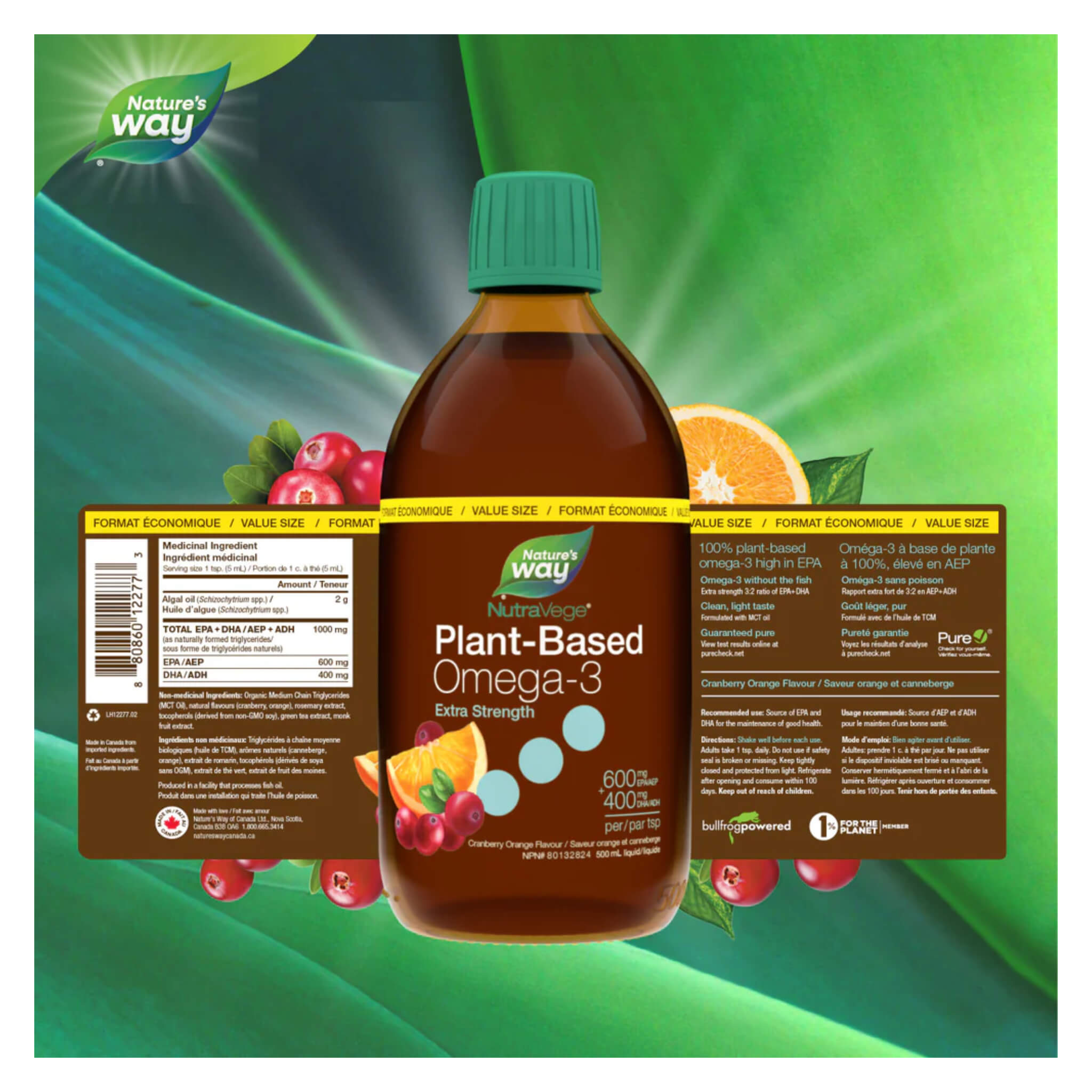 NutraVege 2x Omega 3 Plant-Based Liquid Supplement - Extra Strength Cranberry Orange Flavor | Supports Heart, Brain & Joint Health | Vegan & Non-GMO | Great for Smoothies, Yogurt & Healthy Drinks