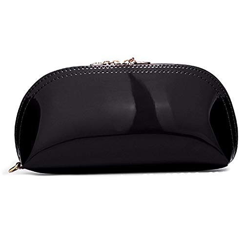 ZLMBAGUS Fashion Cosmetic Bag - Patent Leather Makeup Pouch with Wristlet Strap & Zipper Closure - Travel Organizer for Makeup, Jewelry, Coins & Essentials - Perfect for Daily Use, Travel & Gifts (Black)
