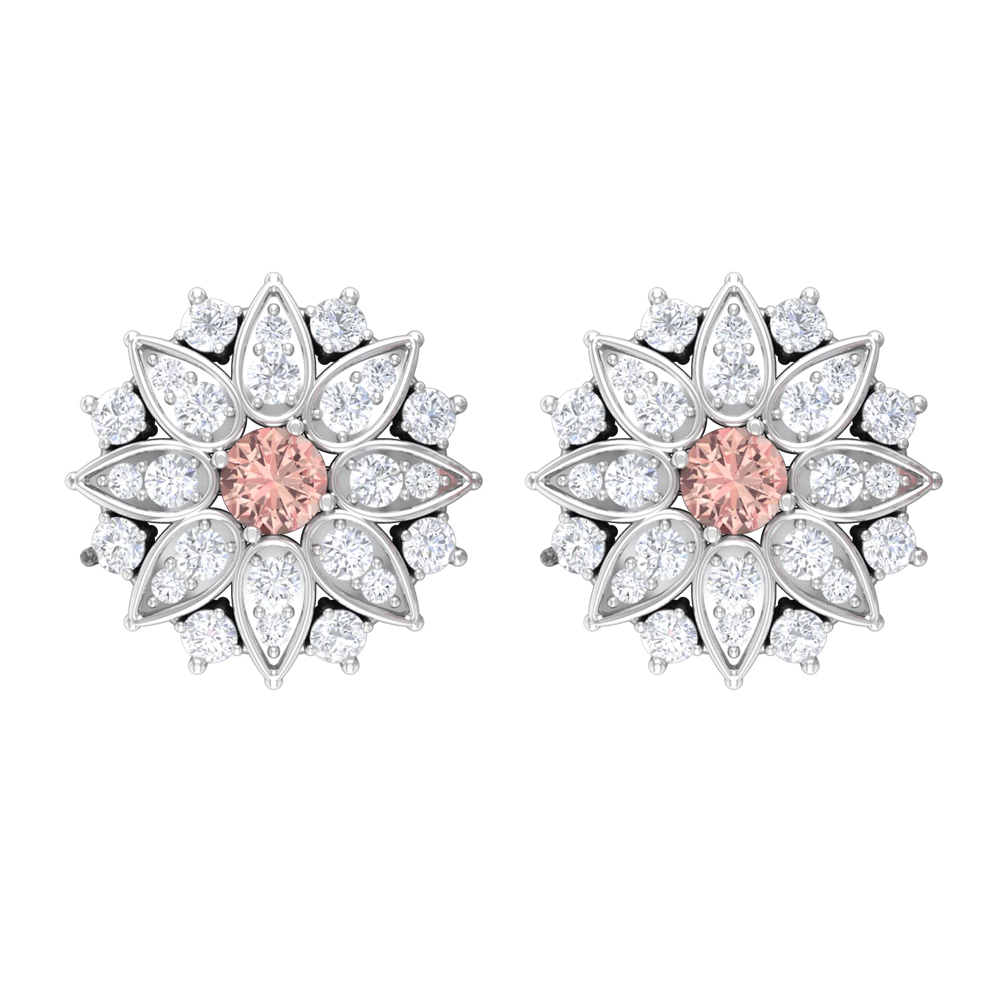 3/4 CT Morganite and Diamond Earrings - 14K Solid Gold Floral Stud Earrings with Diamond Accent | October Birthstone Jewelry, Bridal Flower Earrings for Weddings, Anniversaries & Special Occasions