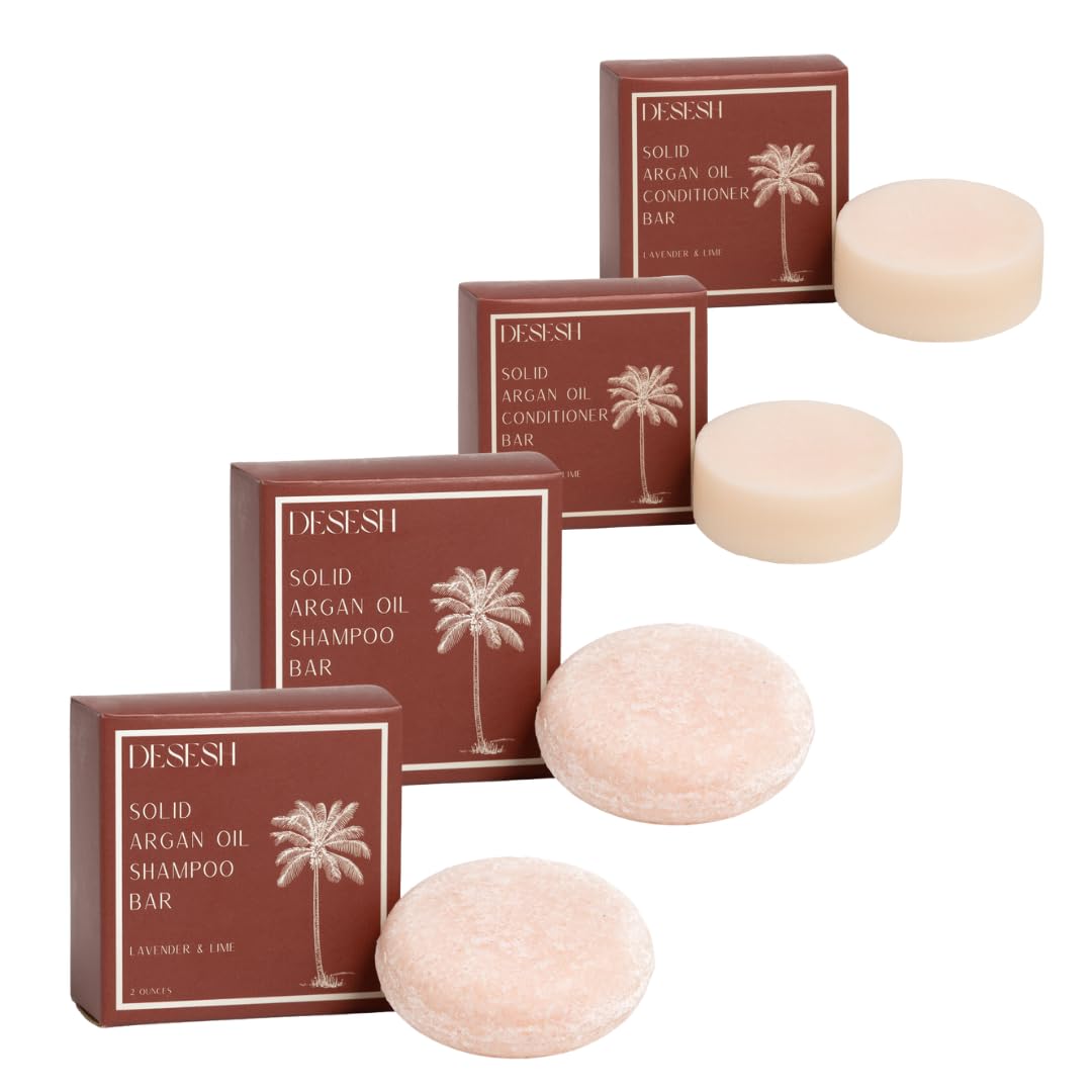 US-Made Vegan Argan Oil Solid Shampoo & Conditioner Bar Set - Natural, Cruelty-Free, Plastic-Free for All Hair Types (Lavender & Lime Scent) | Perfect for Travel, Camping & Eco-Friendly Hair Care