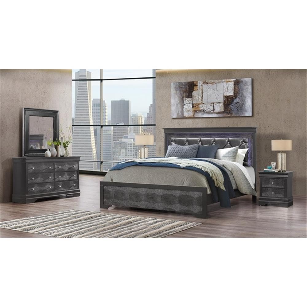 Global Furniture USA Pompei Nightstand with Gray Finish - Modern Metallic Grey Bedside Table for Bedroom, Living Room, or Guest Room