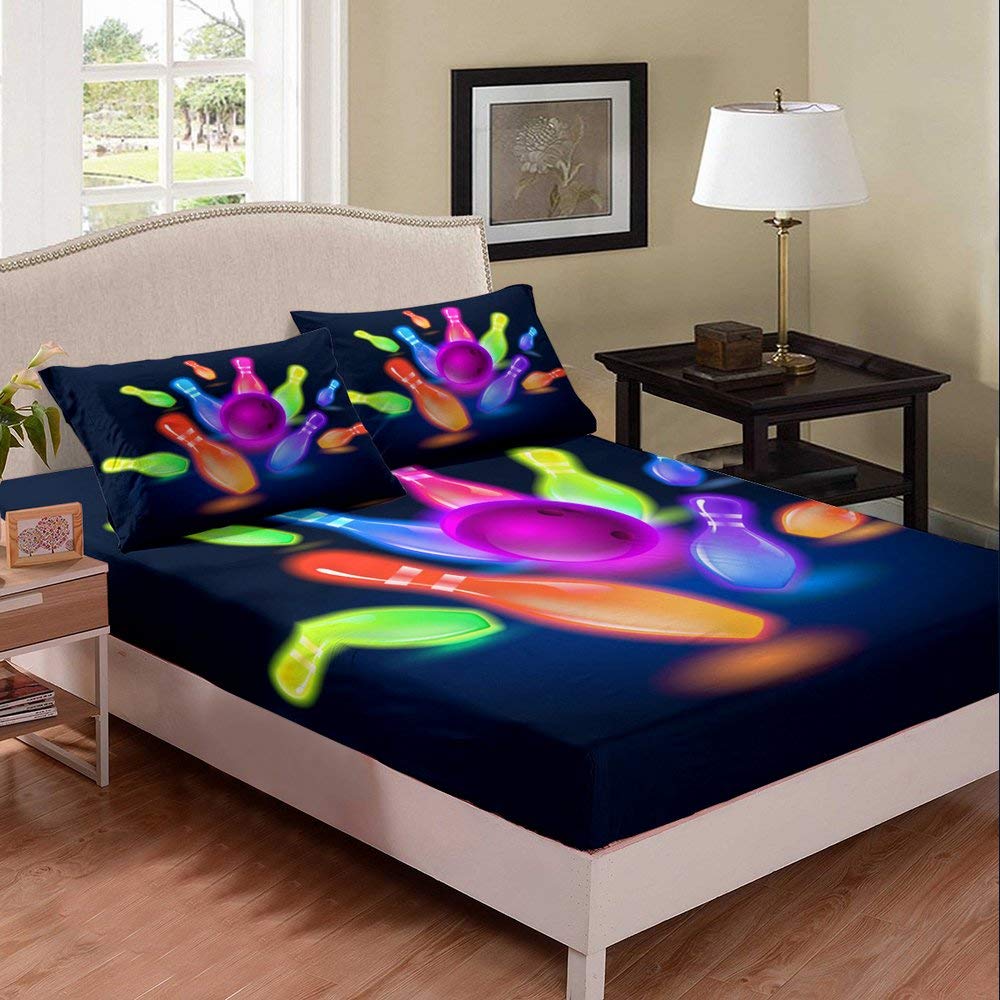 Colorful Bowling Ball Bed Sheet Set for Kids - Twin Size Sport Theme Bedding with 2pc Fitted Sheets | Perfect for Children's Rooms, Game Themed Bedrooms & Bowling Enthusiasts