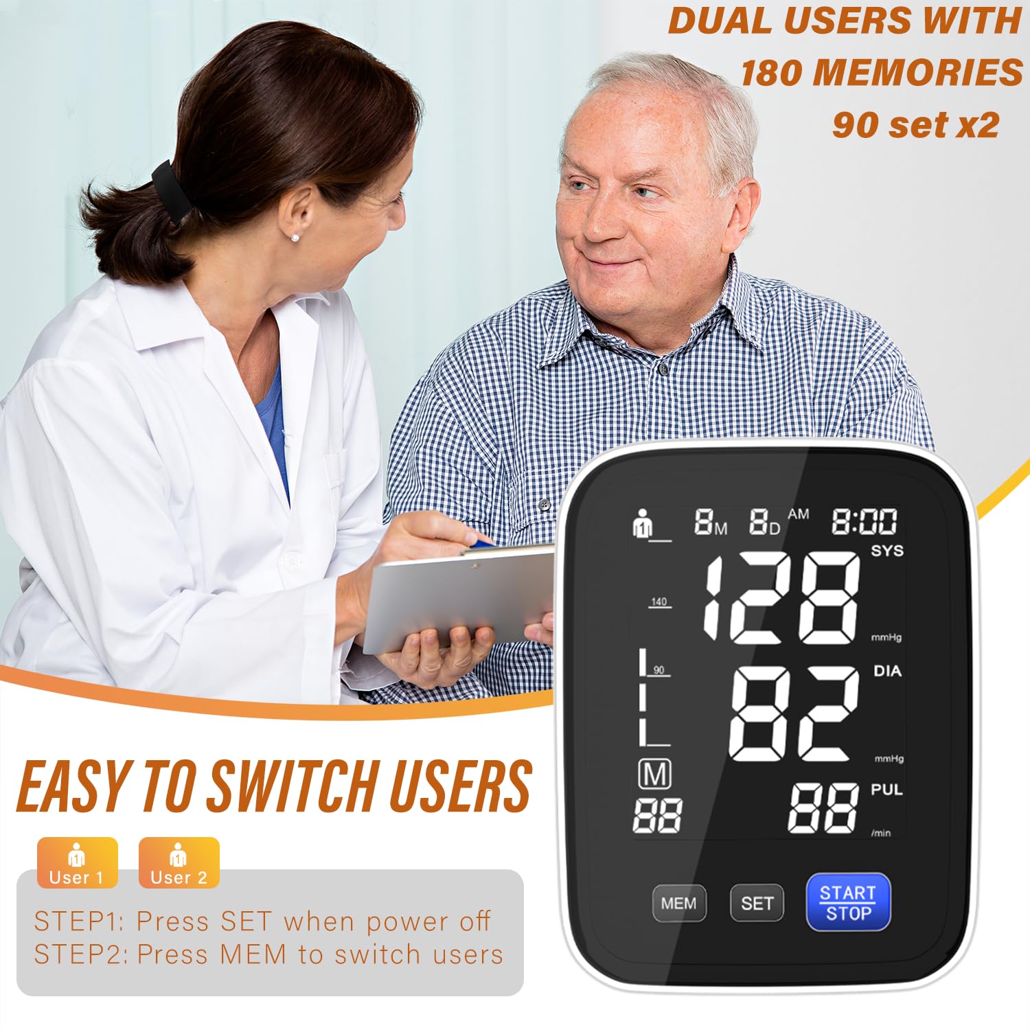 Digital Blood Pressure Monitor - Dual User, 2x90 Memory, Large Cuff (8.5