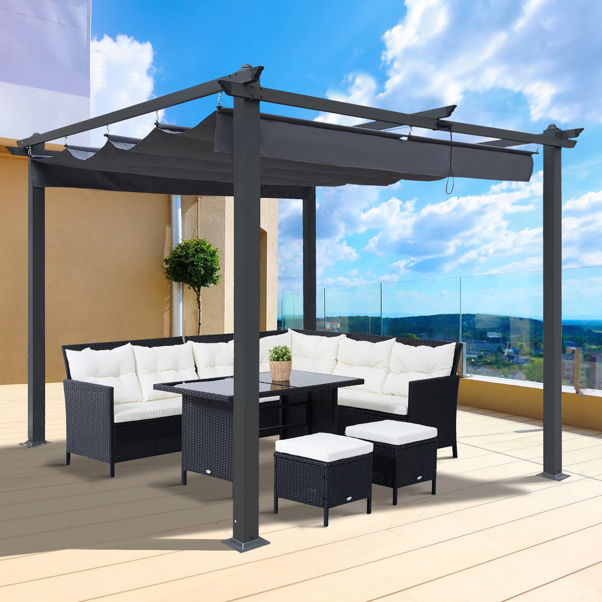 10' x 9' Retractable Pergola with Sun Shade Canopy - Large Outdoor BBQ Grill Cover, Patio Gazebo Shade Structure for Backyard, Deck & Garden - Perfect for Outdoor Dining, Entertaining and Relaxation