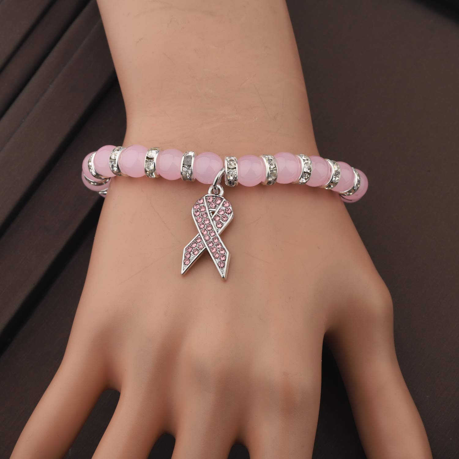 Pink Rhinestone Ribbon Charm Bead Bracelet for Breast Cancer Awareness - Inspirational Support Gift for Survivors, Fighters & Loved Ones - Perfect for Fundraisers, Awareness Events & Daily Wear