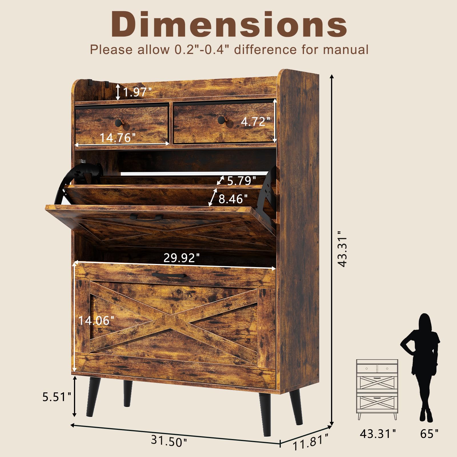 Farmhouse Shoe Storage Cabinet with 2 Flip Drawers & 2 Fabric Bins - Rustic Brown Freestanding Entryway Organizer for Narrow Spaces - Perfect for Mudroom, Closet or Small Apartment Shoe Organization