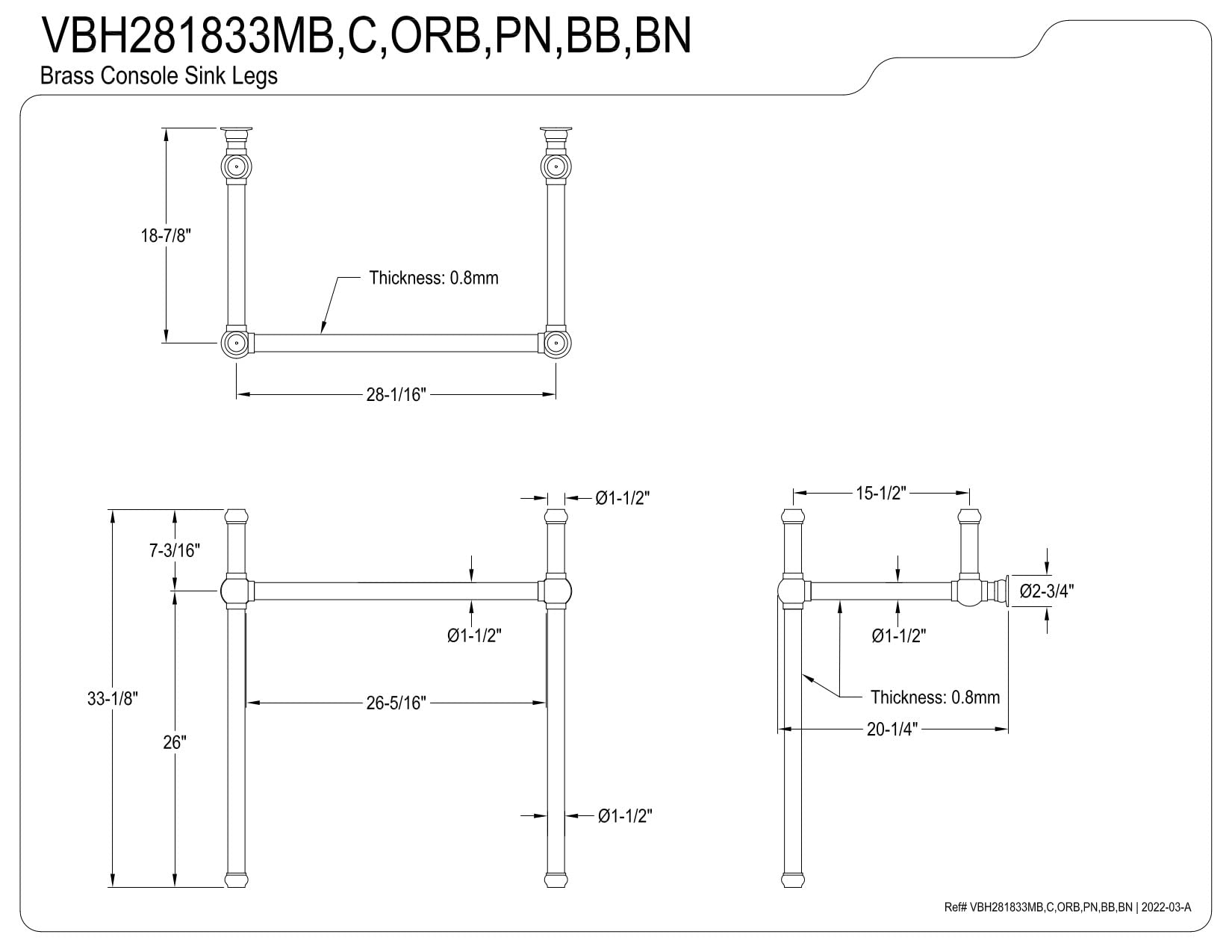 Kingston Brass VBH281833BN Addington Brushed Nickel Console Sink Legs - Modern Bathroom Vanity Support for Farmhouse & Traditional Decor