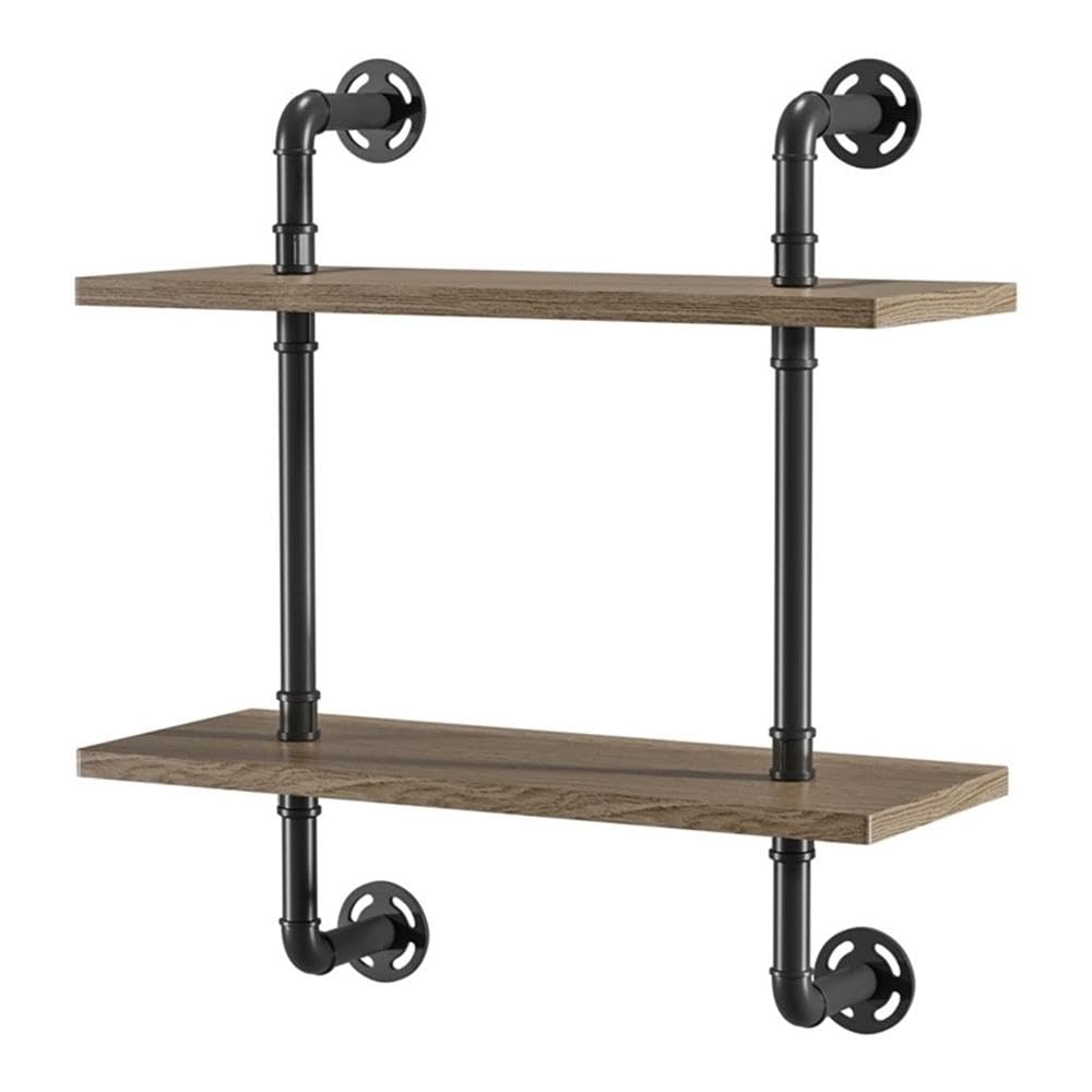 Industrial Wood Wall Shelf - 2-Tier Rustic Floating Shelf for Living Room, Bedroom & Kitchen - Natural Finish Home Decor Storage Solution