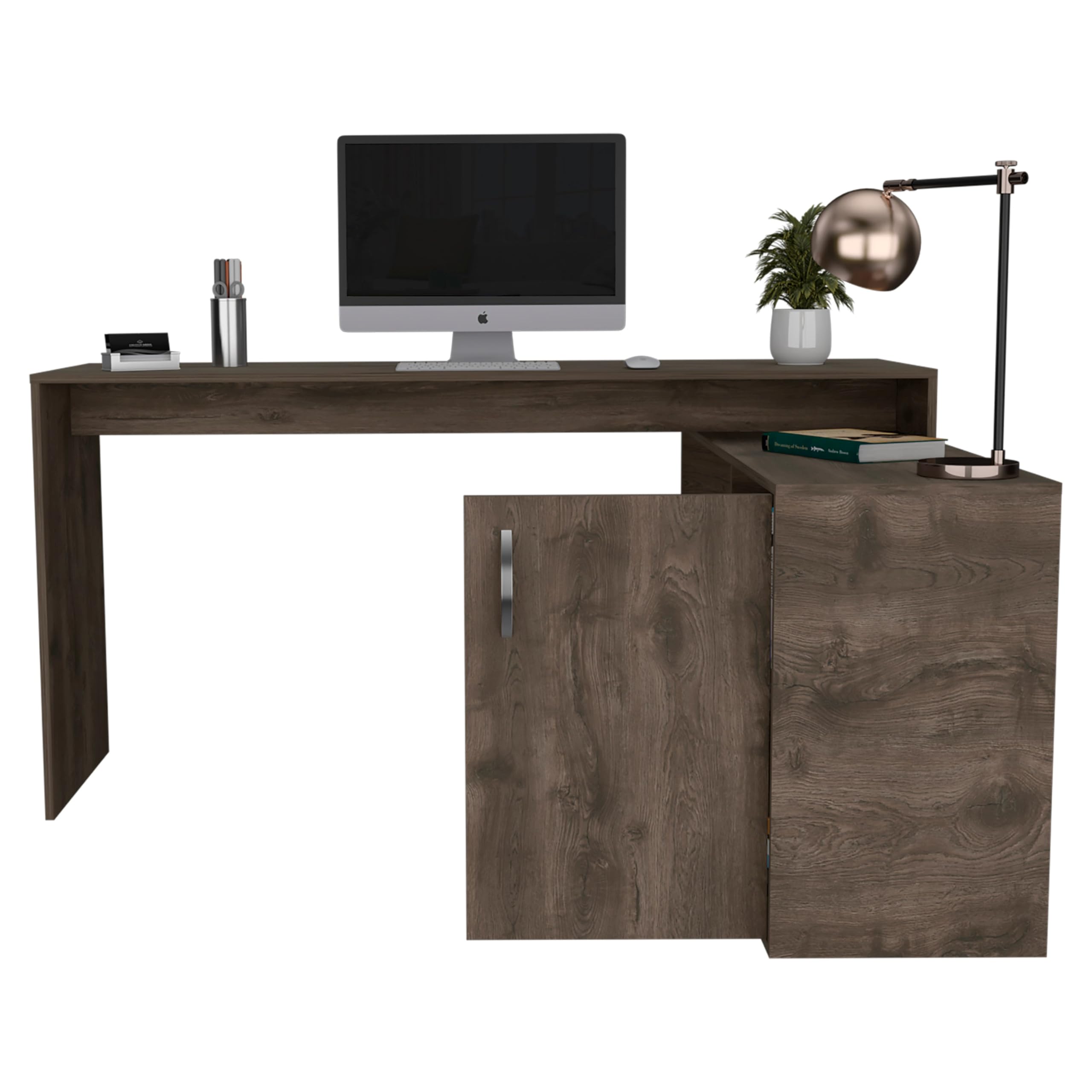 Tuhome Axis Modern L-Shaped Computer Desk with Open & Closed Storage, Dark Brown Home Office Desk for Gaming & Workstation Setup
