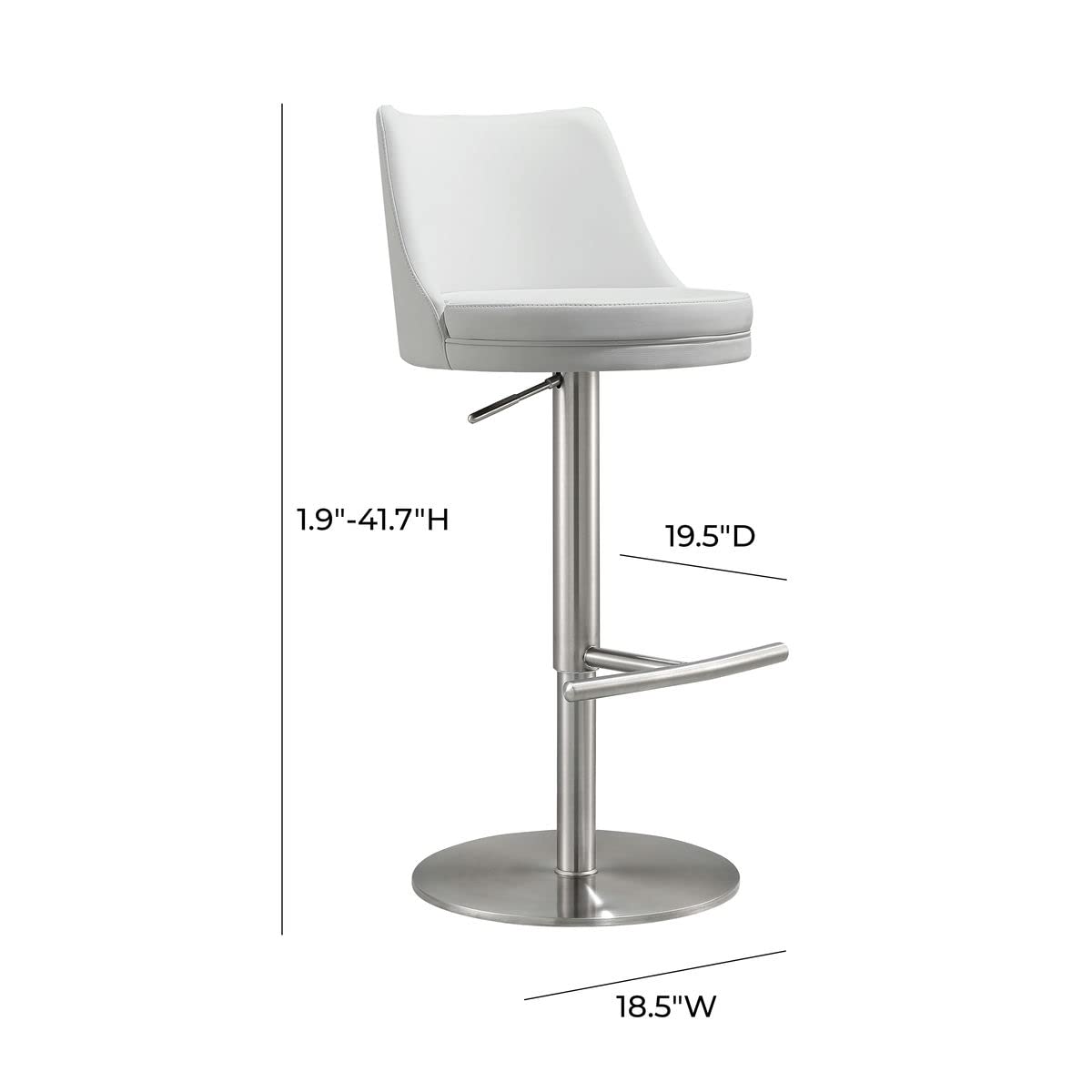TOV Furniture Reagan White and Silver Vegan Leather Adjustable Bar Stool - Modern Kitchen Island & Home Bar Seating for Dining & Entertainment Areas