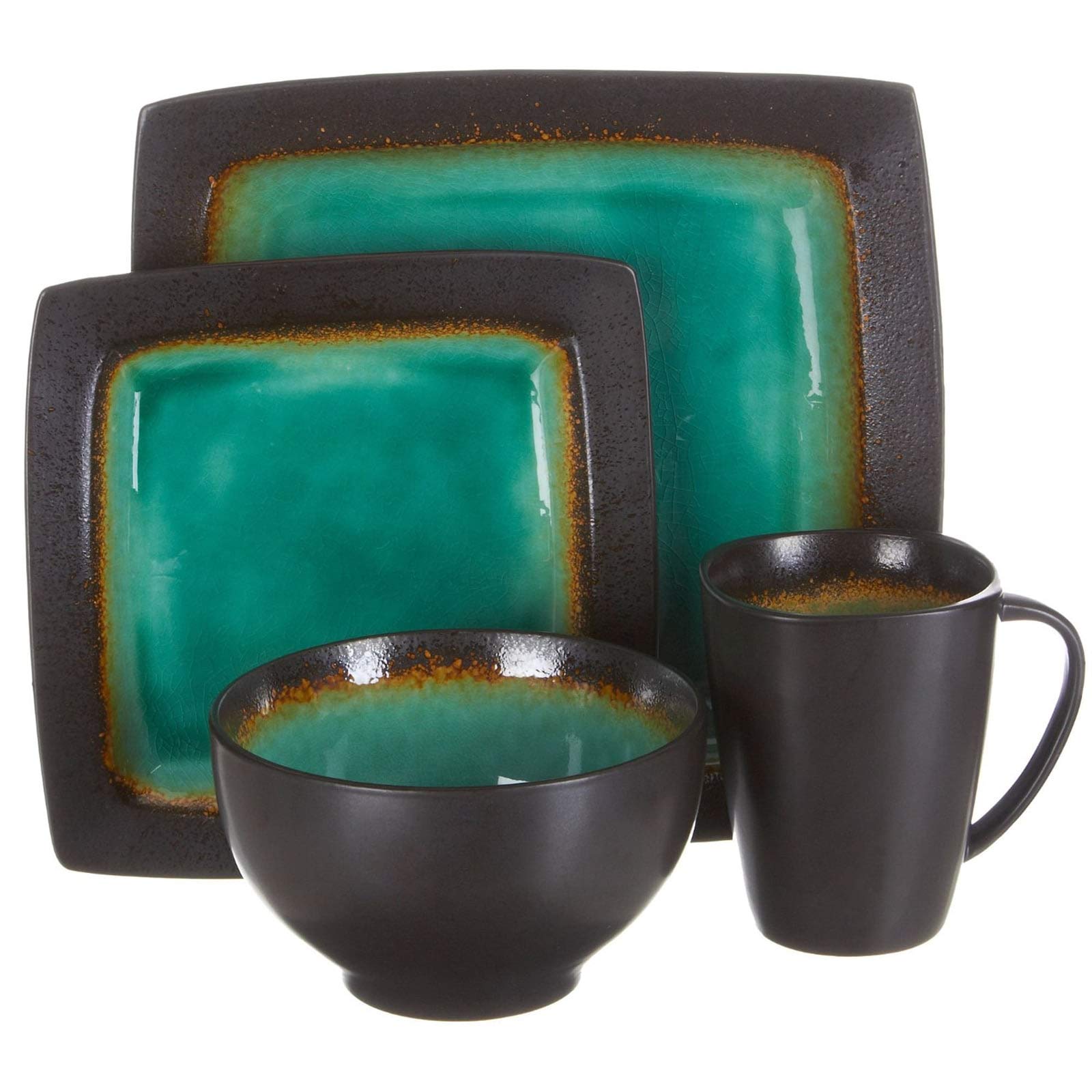 Ocean Paradise Square Dinnerware Set - 16-Piece Blue & Multi-Color Banded Stoneware Plates & Bowls | Dishwasher & Microwave Safe | Casual Dining, Family Gatherings, Beach House Decor