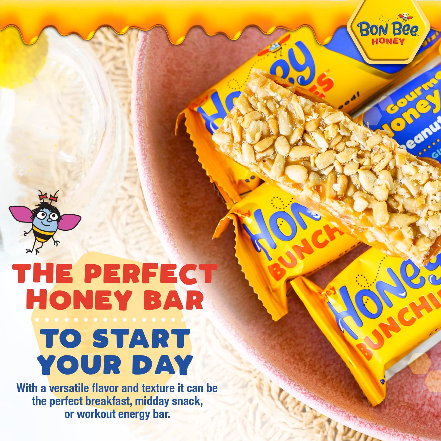 BON BEE Honey Bars - Natural Energy Snacks for Breakfast & Hiking - 12 Pack
