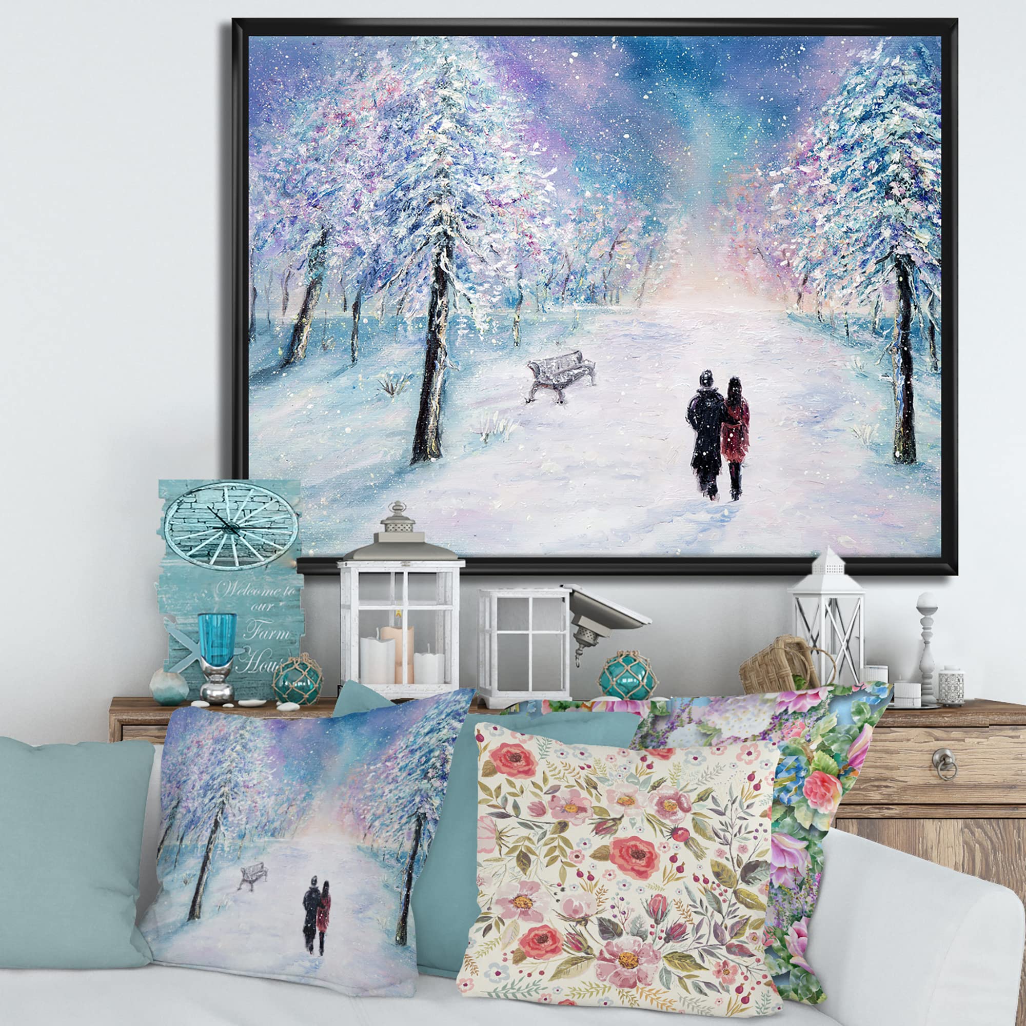 Snowy Winter Park Couple - Traditional Framed Canvas Wall Art Print for Living Room & Bedroom Decor