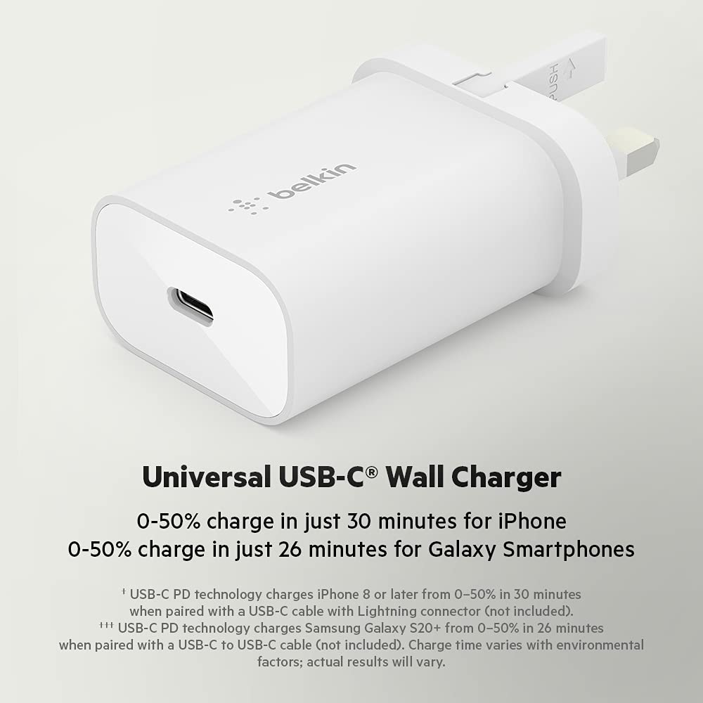 Belkin BoostCharge 25W Fast Wall Charger with PPS & USB-C Power Delivery - Compact Travel Charger for iPhone 16/15, Samsung Galaxy S24, iPad, Pixel & Tablets - Perfect for Home, Office & Travel Charging
