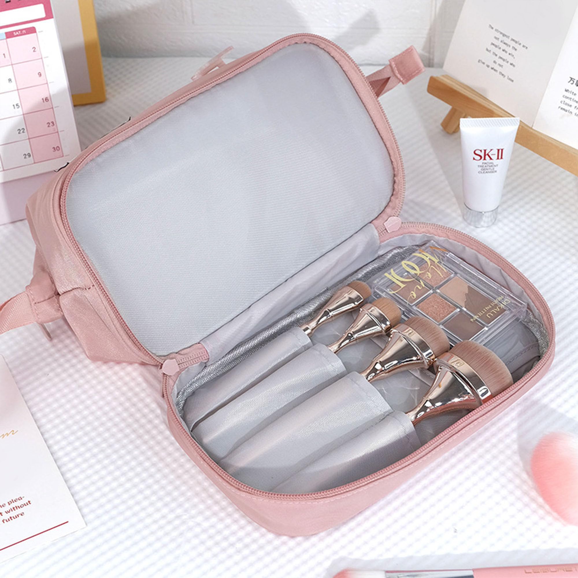 Double Layer Travel Makeup Bag with Brush Holder - Portable Cosmetic Organizer & Toiletry Pouch for Women & Girls (Pink) | Perfect for Travel, Gym, and Daily Beauty Storage