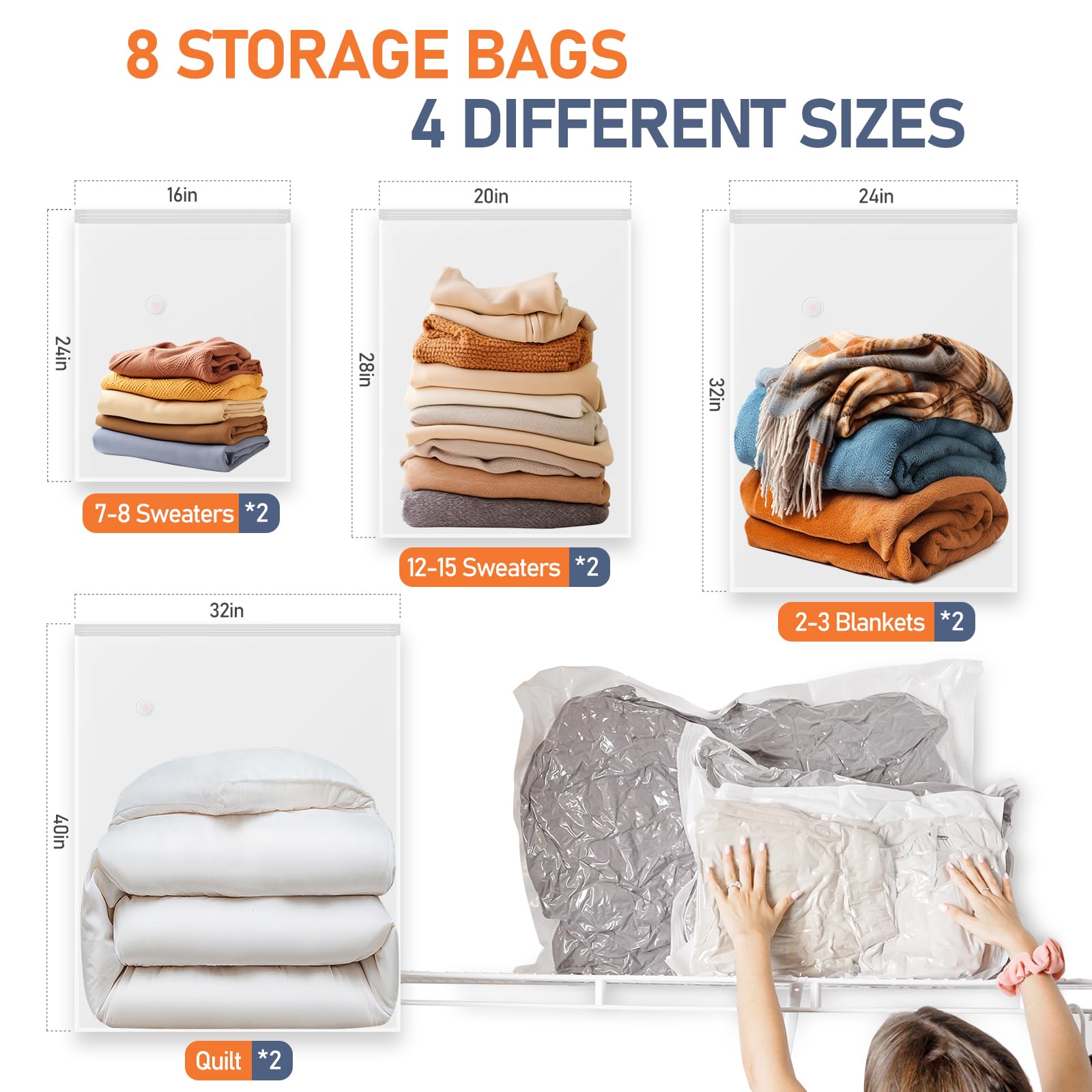 Premium Vacuum Storage Bags with Electric Pump - 8 Pack Space Saver Bags (2 Jumbo, 2 Large, 2 Medium, 2 Small) for Clothes, Comforters, Blankets - Airtight Compression Storage for Travel, Moving & Seasonal Organization