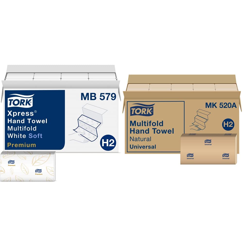 Tork Xpress Soft Multifold Hand Towels - White with Blue Leaf Print & Natural H2 - Premium Commercial Paper Towels for Restaurants, Offices, and Public Restrooms