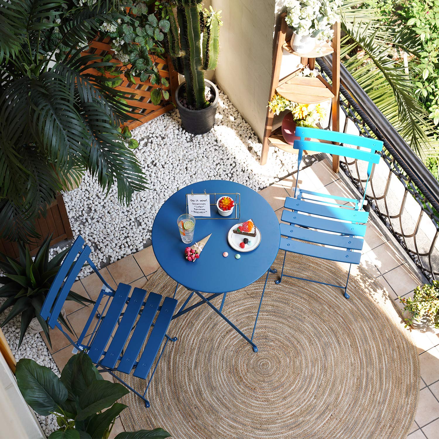 Peacock Blue 3-Piece Folding Bistro Set - Weather-Resistant Outdoor/Indoor Patio Furniture with 2 Chairs & 1 Table for Garden, Yard, Deck or Balcony - Perfect for Morning Coffee, Afternoon Tea and Outdoor Dining