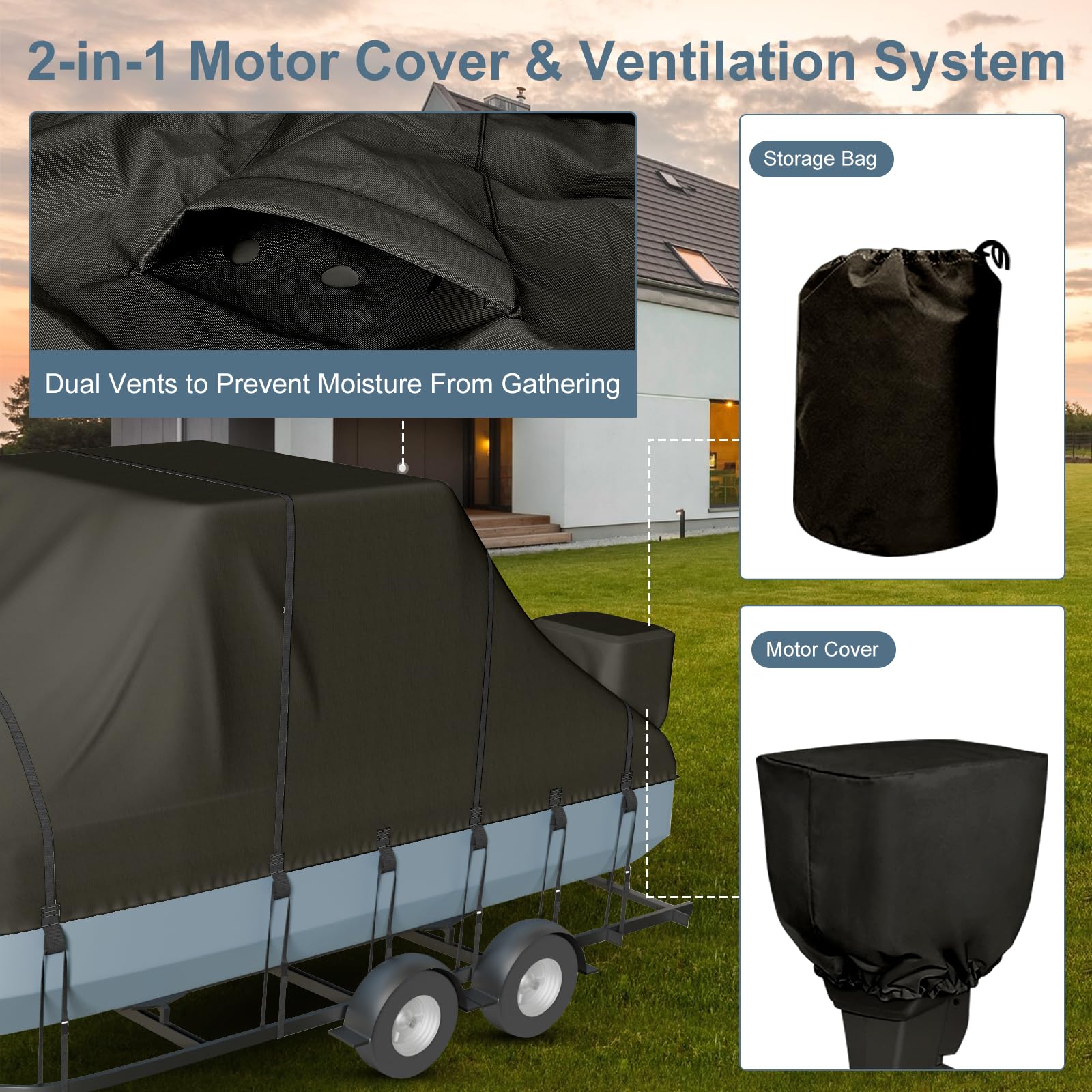 Trailerable T-Top Boat Cover - 900D Solution Dyed Hard Top/T-Top Cover with 21 Windproof Straps & Motor Cover - Fits 21'-23' Center Console Boats (Beam Width Up to 106