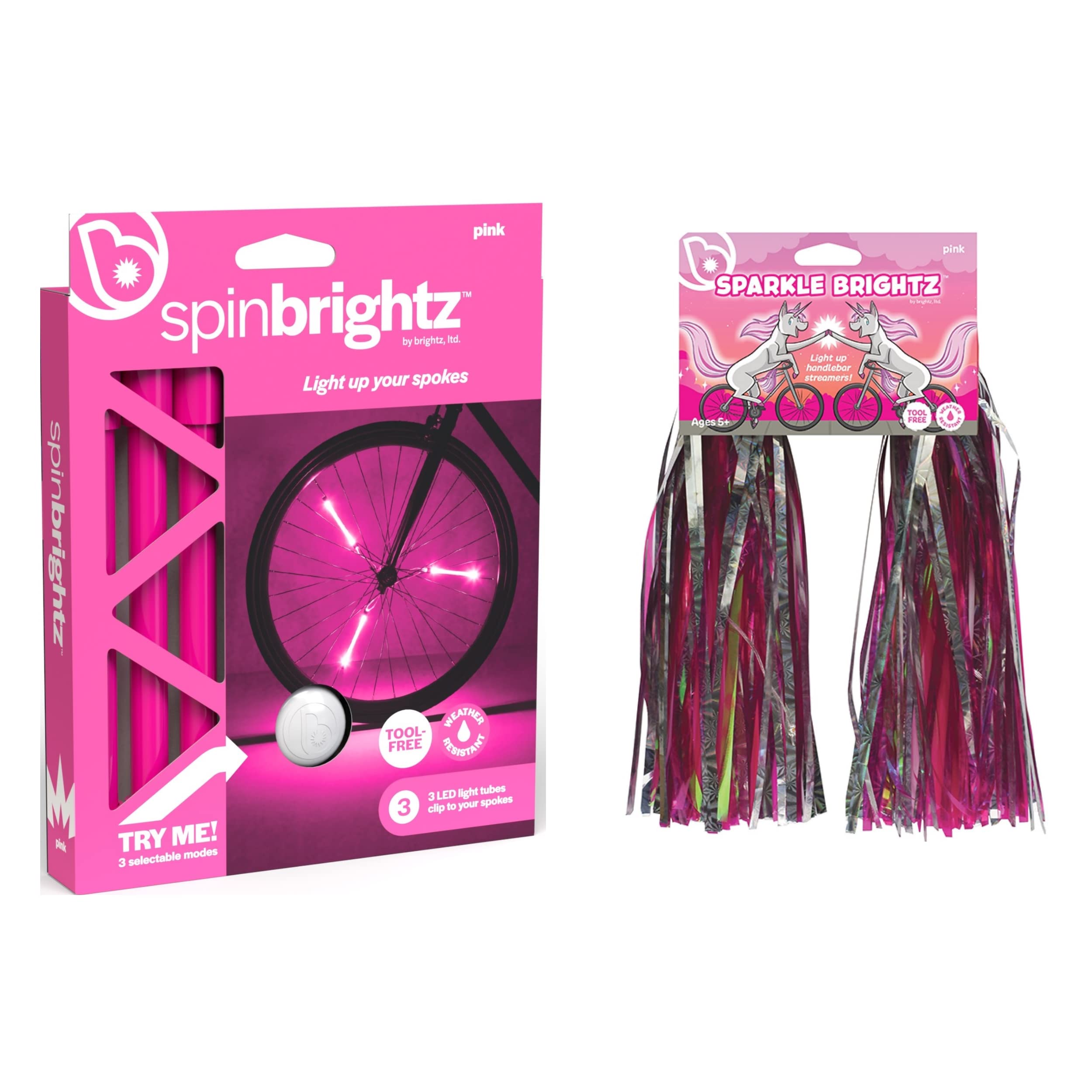 Brightz LED Bike Spoke Wheel Light Tubes & Streamers Combo - 3 Pack Colorful LED Bike Lights with Sparkle for Night Cycling Safety, Kids Bicycle Decor, and Festive Riding Accessories