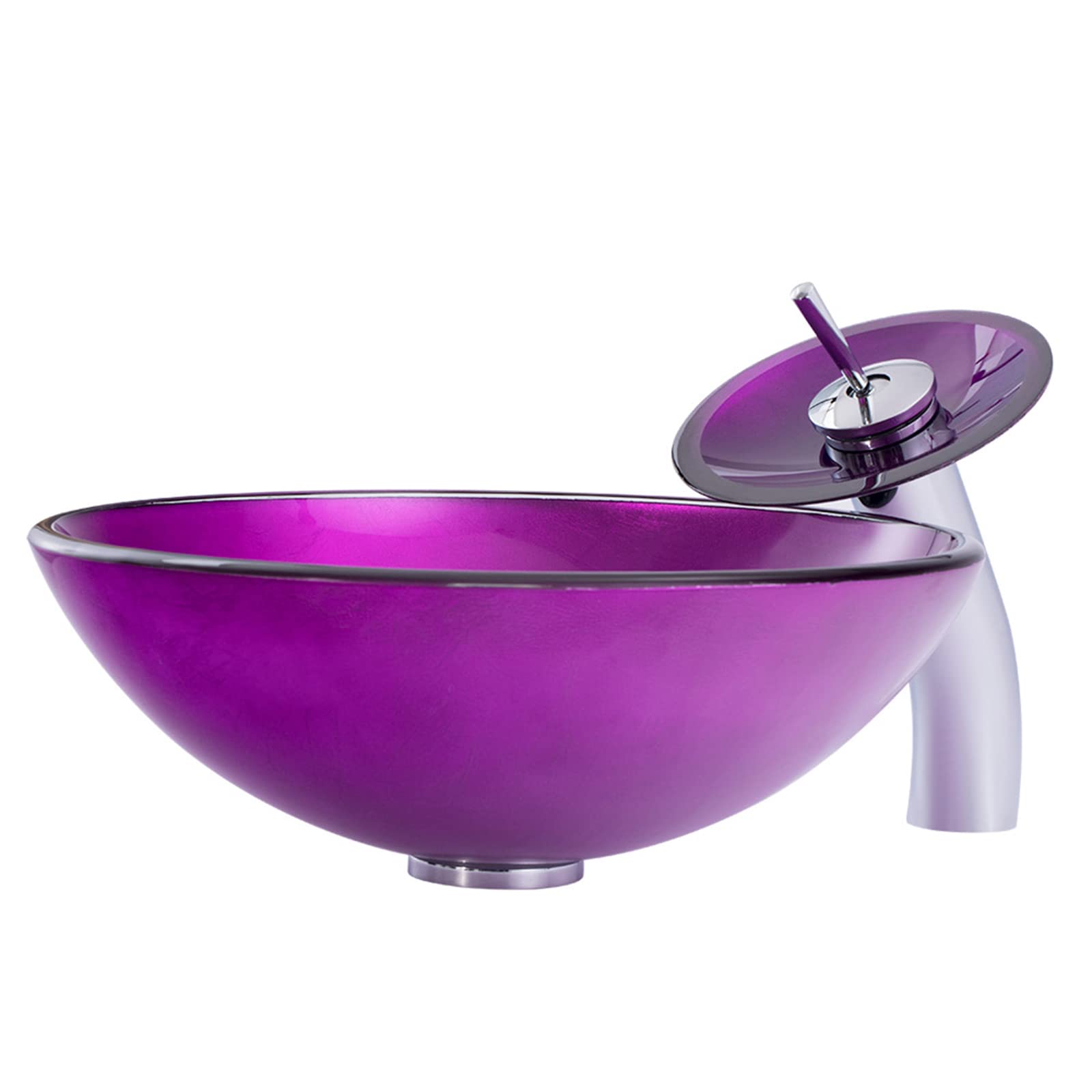 Purple Artistic Tempered Glass Vessel Sink with Brass Waterfall Faucet - Round Bathroom Vanity Sink Combo for Countertop Installation - Includes Chrome Pop-Up Drain - Perfect for Modern Master Bathrooms & Powder Room Renovations