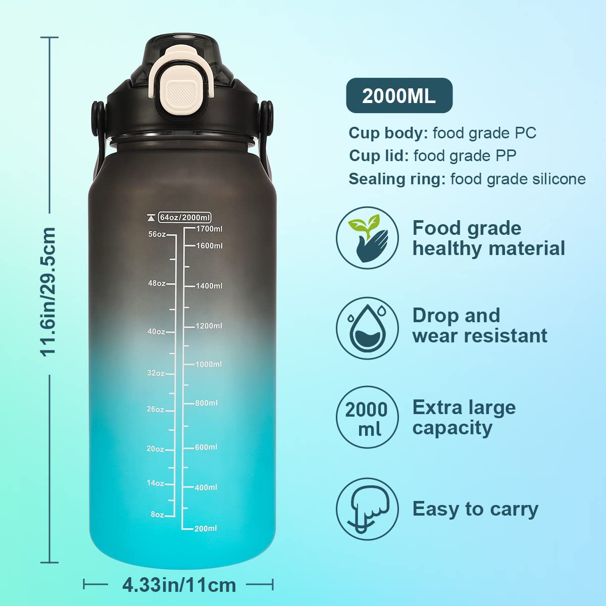 Yuirsion 2L Sports Water Bottle with Time Markings & Straw - BPA-Free, Leak-Proof Fitness Bottle for Gym, Yoga, Hiking, Camping & Outdoor Activities - Ideal for Hydration Tracking & Workout Motivation (Black/Blue)