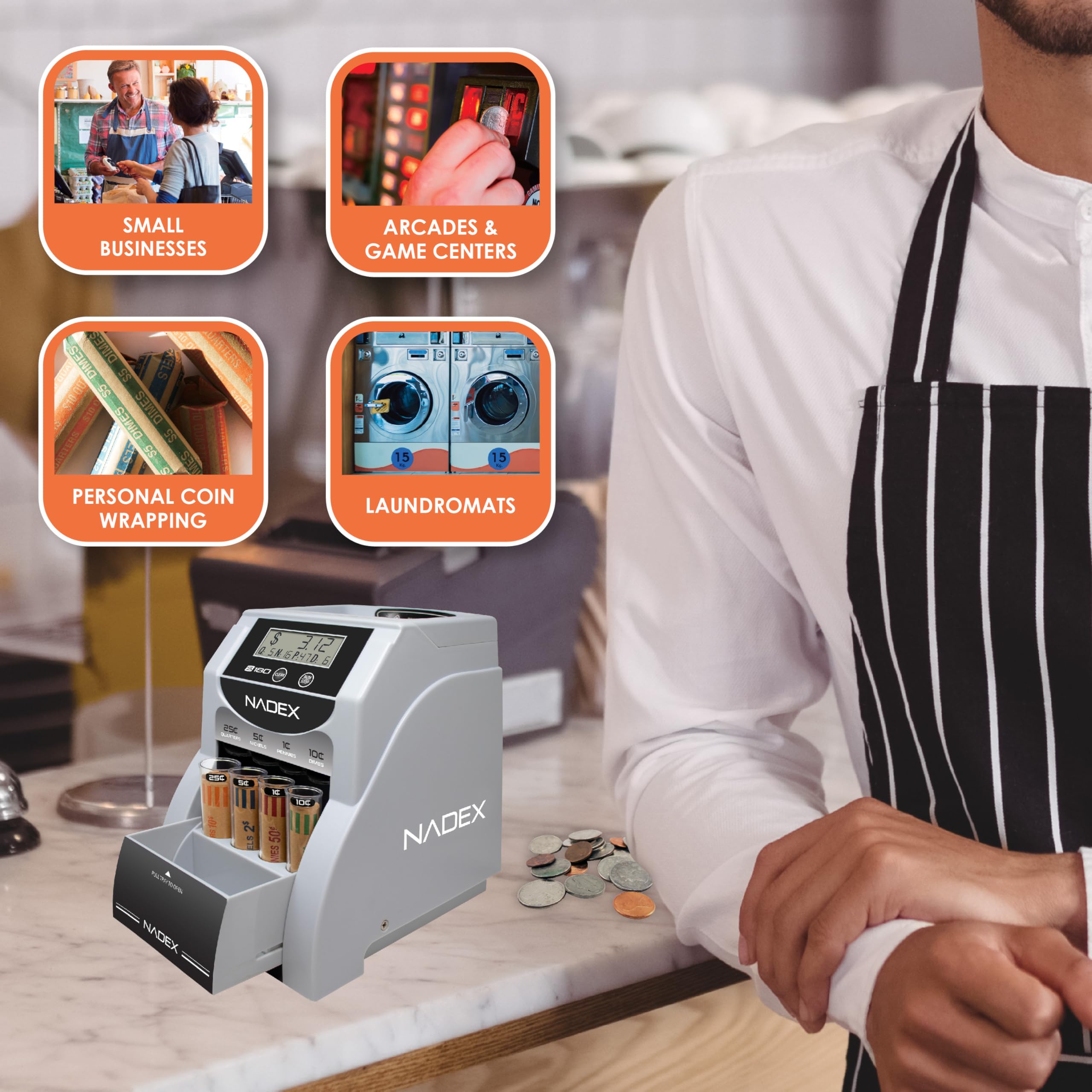 Nadex S180 Digital Coin Counter Machine - Automatic Coin Sorter, Counter & Wrapper for US Coins | Fast Batch Counting & Rolling | Perfect for Banks, Retail Stores & Home Use