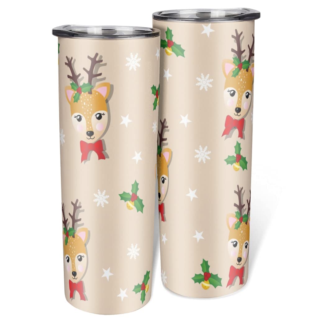 Christmas Reindeer Tumbler with Straw and Lid - 20oz Stainless Steel Vacuum Insulated Travel Mug - Double Wall Thermal Cup with Sliding Splash Cover - Fits Car Cup Holder - Perfect for Holiday Gifts, Office Use & Winter Outdoor Activities (White)