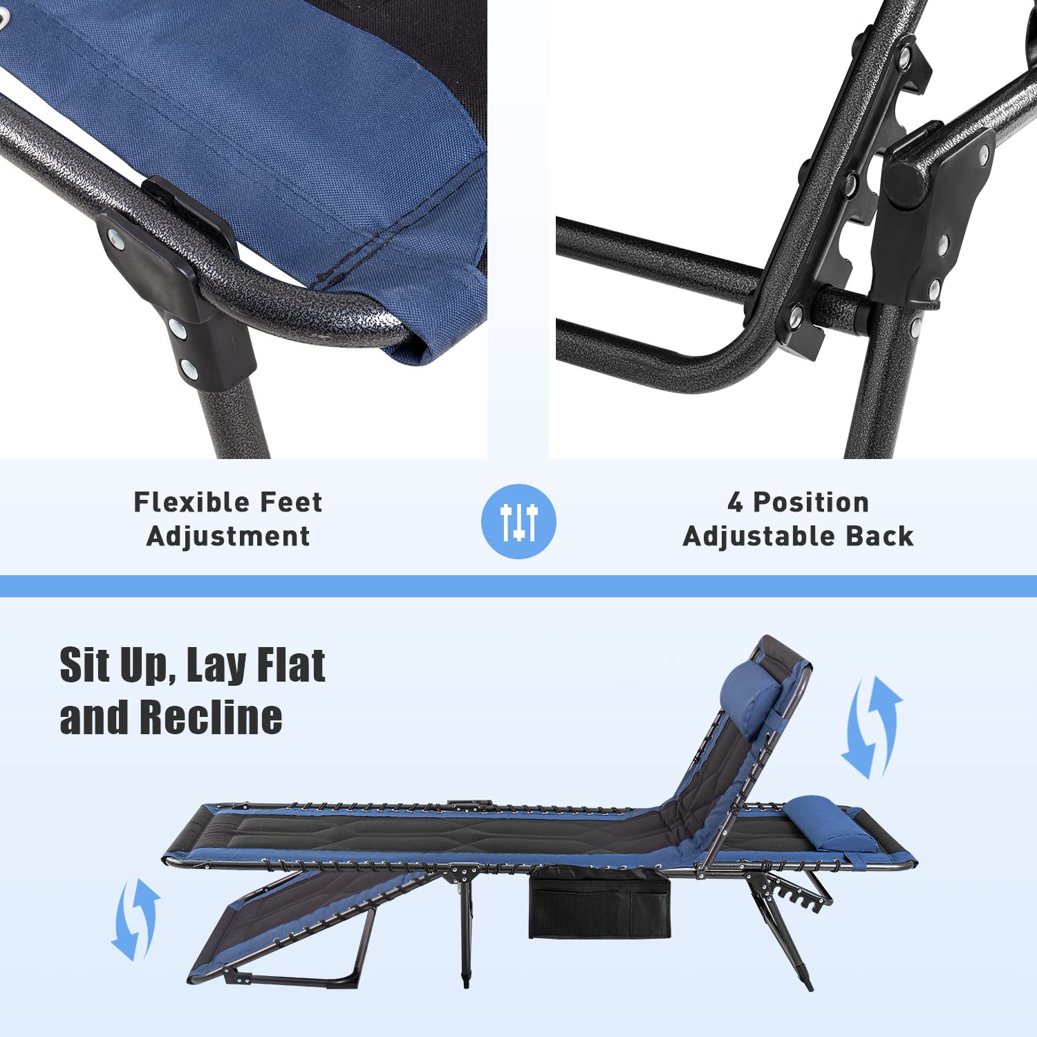 Flamaker 4-Position Adjustable Folding Chaise Lounge Chair - Portable Outdoor Recliner with Pillow & Side Pocket - Lightweight Camping, Beach, Pool Sunbathing Chair for Patio, Backyard, Deck (Blue) - Perfect for Relaxing, Travel & Outdoor Adventures