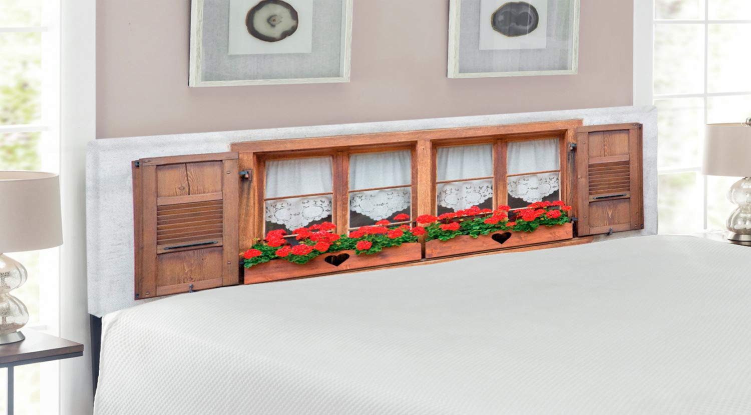 Ambesonne Country Headboard - Vintage European Windows with Shutters & Flower Pots Design, Upholstered Metal Bed Frame with Memory Foam - King Size in Brown, White & Red | Perfect for Boho, Farmhouse & Rustic Bedroom Decor