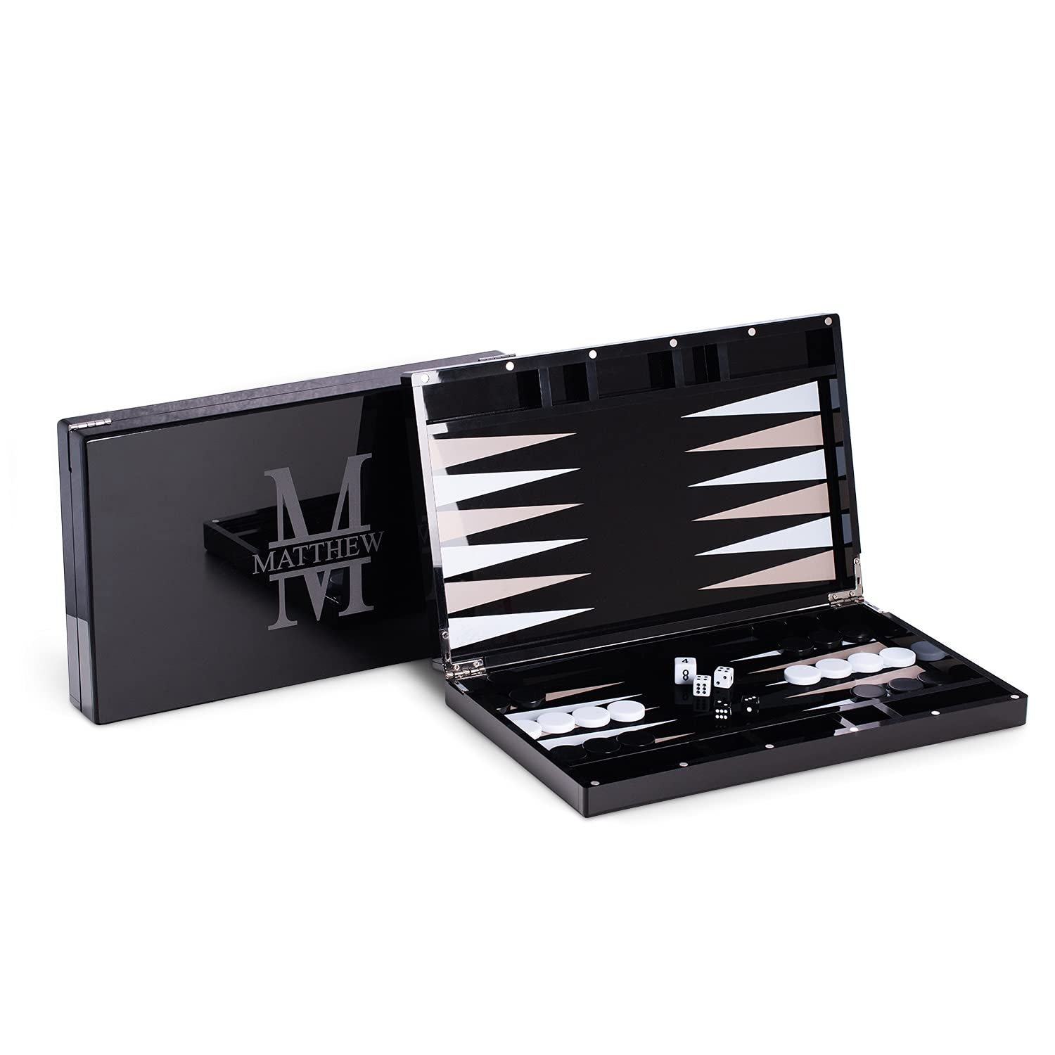 Luxury Custom Acrylic Backgammon Set with Black & White Pieces & Leather Dice Cups - Personalized Board Game for Family Game Night & Coffee Table Decor (Black Stamped) - Perfect for Home Entertainment, Gifts & Stylish Interior Design