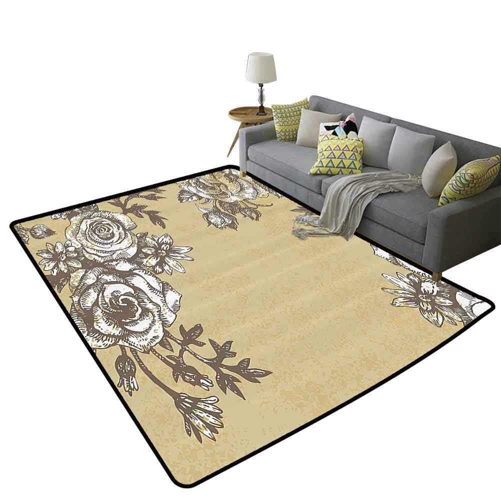 Vintage Floral Rug Mat - Hand Drawn Roses, Grunge Style Old Garden Print - 5'x8' (150x240cm) Khaki Umber - Perfect for Boho Home Decor, Living Room, Bedroom & Office