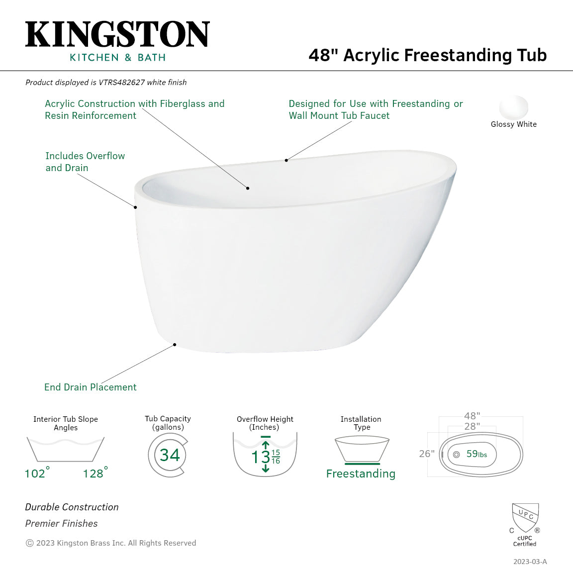 Aqua Eden 48 Inch Acrylic Oval Freestanding Bathtub - Glossy White Slipper Tub with Drain | Modern Soaking Tub for Spa-Like Relaxation in Master Bathroom