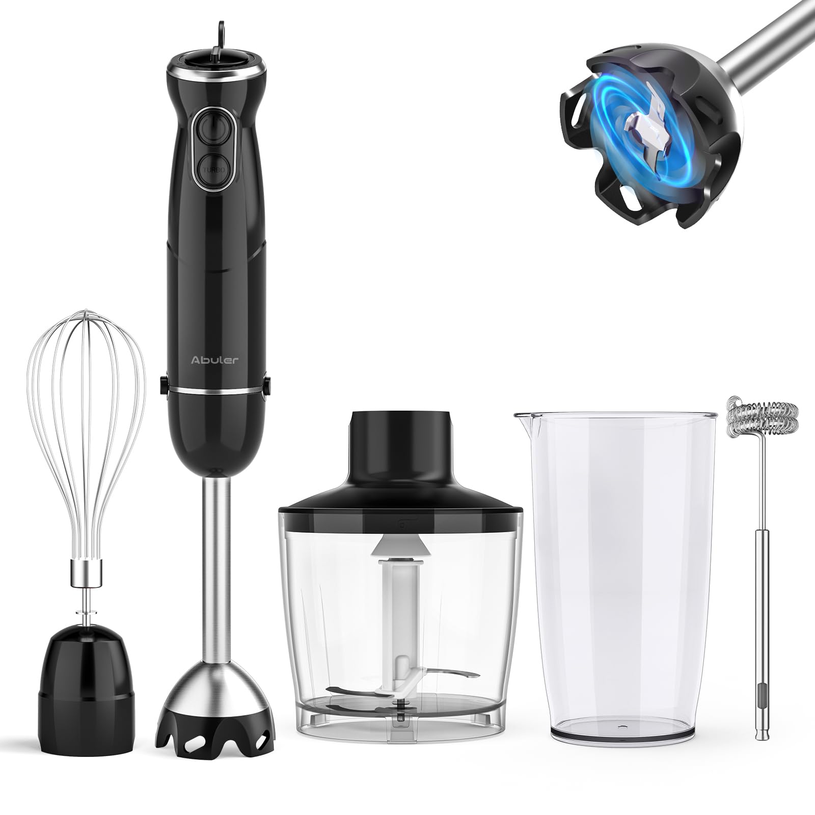 **Abuler 1000W Immersion Hand Blender, 5-in-1 Stick Blender with 12 Speeds - BPA-Free, Scratch-Resistant, Includes Beaker, Chopper, Whisk & Frother - Perfect for Soups, Sauces, Smoothies & Baby Food (Black)**