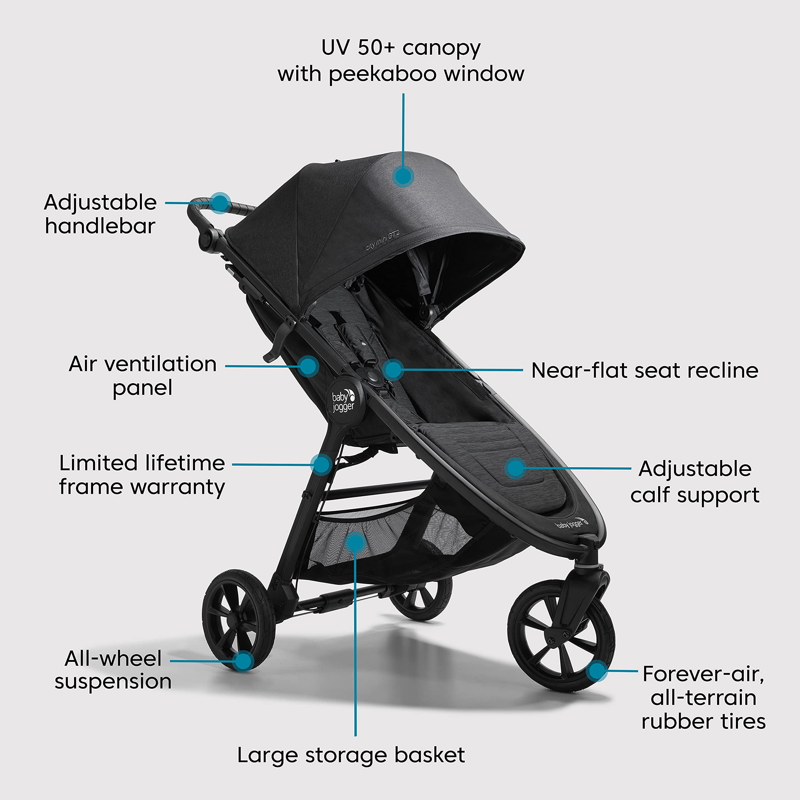 Baby Jogger City Mini GT2 All-Terrain Stroller - Lightweight Compact Travel Stroller with Adjustable Handlebar, Hand Brake & Car Seat Adapter | Perfect for City Walks, Jogging & Outdoor Adventures (Black)