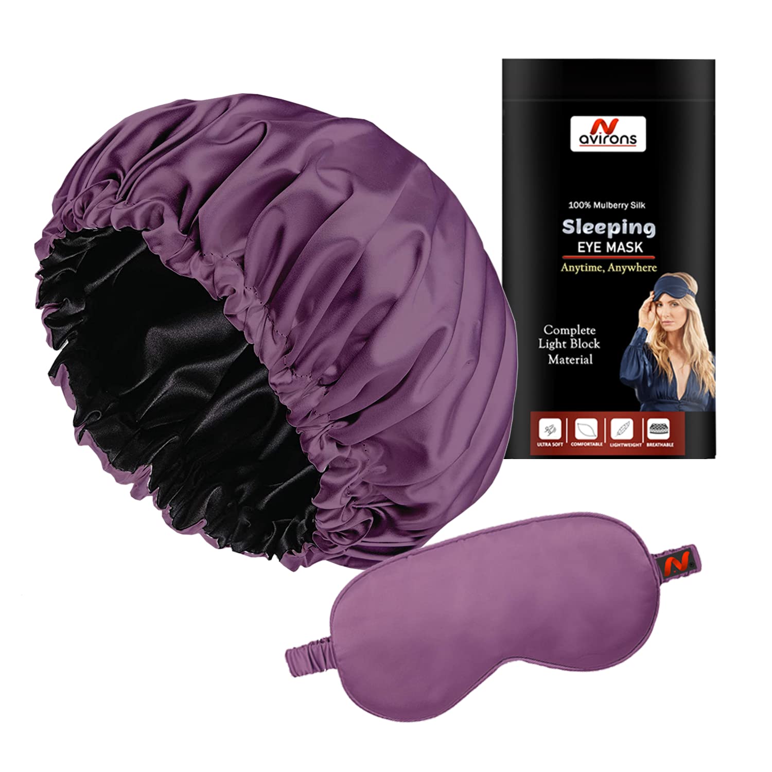 Avirons Silk Hair Bonnet with Sleep Mask | Double Layer Reversible Satin Sleeping Cap for Women & Men | Hair Protection for Curly, Natural, Braided Hair | Perfect for Nighttime, Travel & Home Use