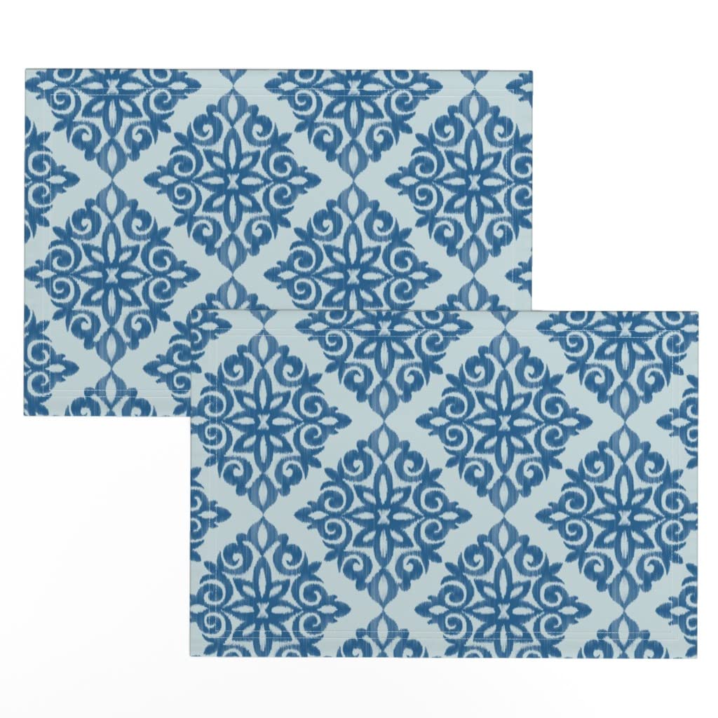 Premium Linen Cotton Canvas Placemats Set of 2 - Modern Damask Blue Cobalt French Ikat Navy Print Table Mats for Dining Room, Kitchen, and Party Decor