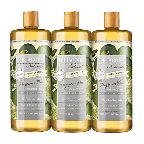 Dr. Jacobs Naturals Pure Castile Soap - Unscented All-Natural Face & Body Wash for Sensitive Skin - Hypoallergenic, Vegan, Dermatologist Approved (32 Fl Oz, Pack of 3) - Gentle Cleanser for Baby, Shower, Hand Wash & Household Cleaning