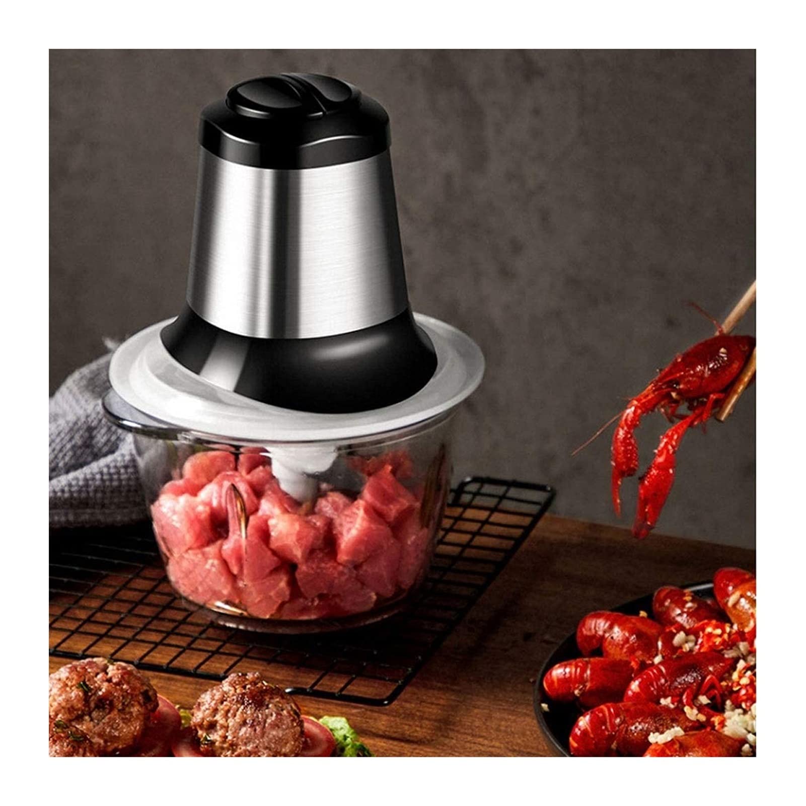 Electric Meat Grinder & Food Chopper - 2L (200W) Stainless Steel Kitchen Processor for Meat, Vegetables - Includes Bowl & 4 Blades - Perfect for Home Cooking, Meal Prep & Butchering