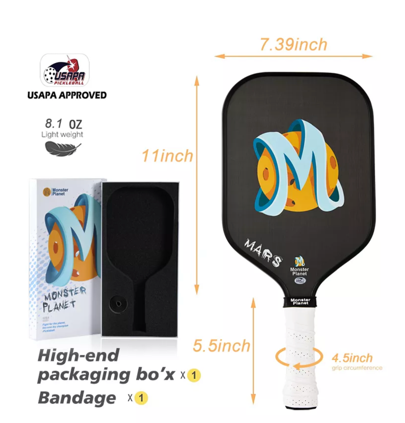 Monster Planet Mars 16mm Carbon Fiber Pickleball Paddle - Professional Tournament Grade Paddle for Outdoor & Indoor Play - Perfect for Competitive Matches and Recreational Games