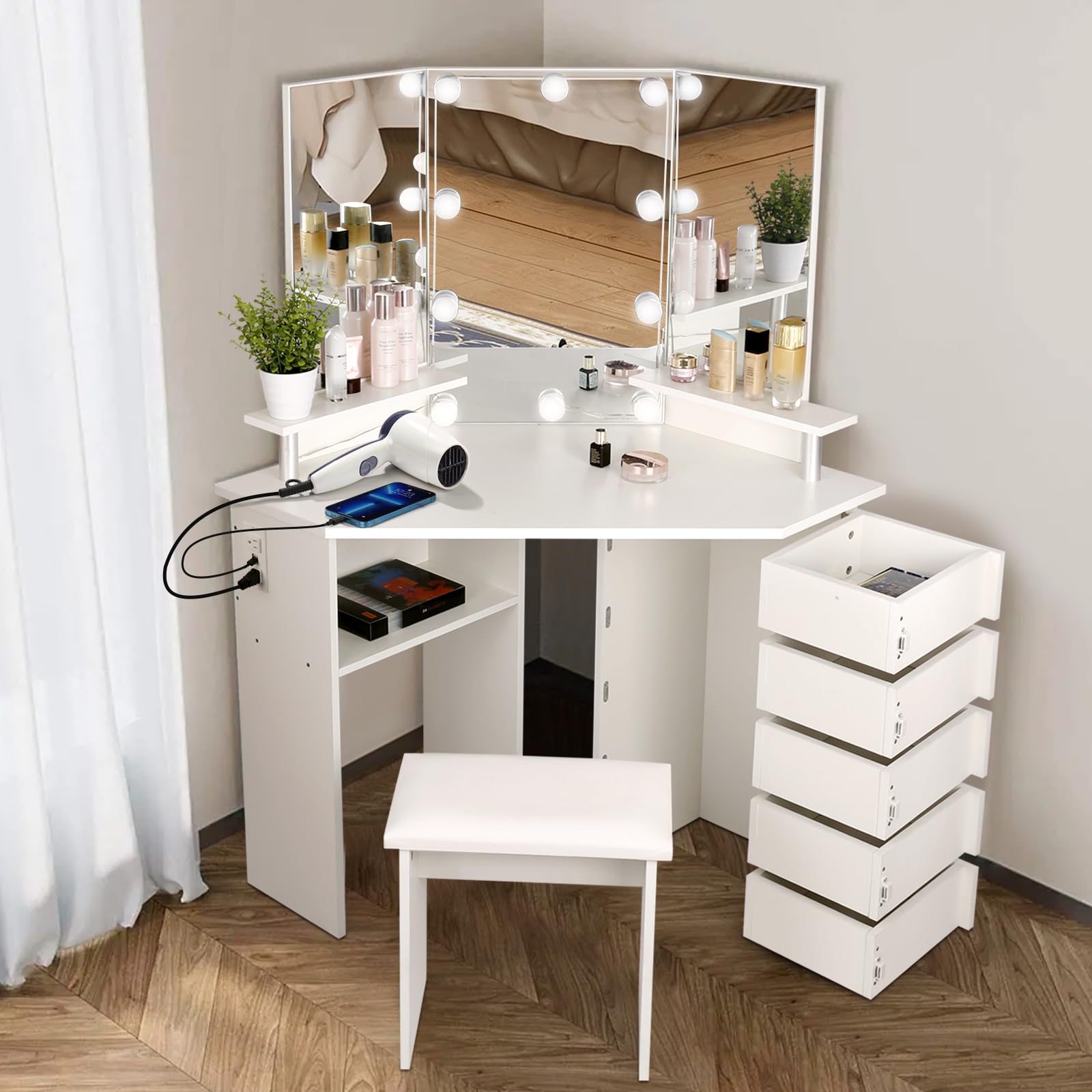 VOWNER LED Vanity Mirror with Lights - Adjustable Brightness Makeup Vanity Desk with Power Outlet, 3 Color Lighting Modes, 5 Spinning Drawers & Storage Shelves, Includes Stool - Perfect for Bedroom, Dressing Room & Home Beauty Station (White)