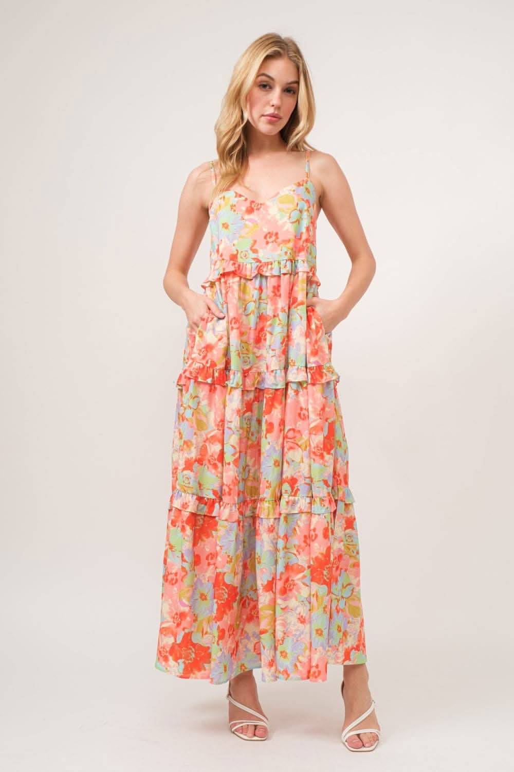 Floral Ruffled Tiered Maxi Dress with Adjustable Straps - Elegant Summer Beach Wedding Guest Dress for Women