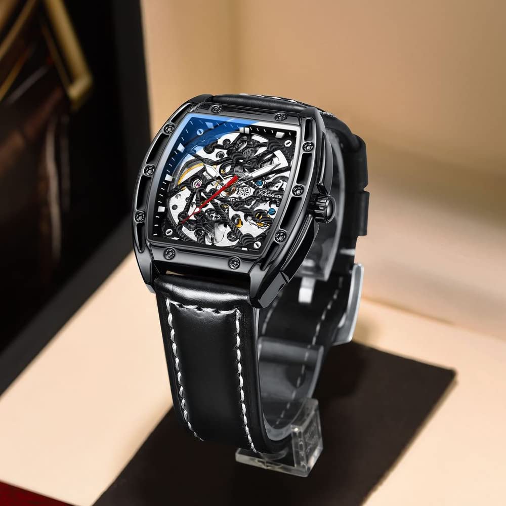 Tiong Sport Men's Automatic Mechanical Watch - Silver & Black Leather Strap Business Watch for Men | Perfect for Office, Formal Events & Everyday Wear