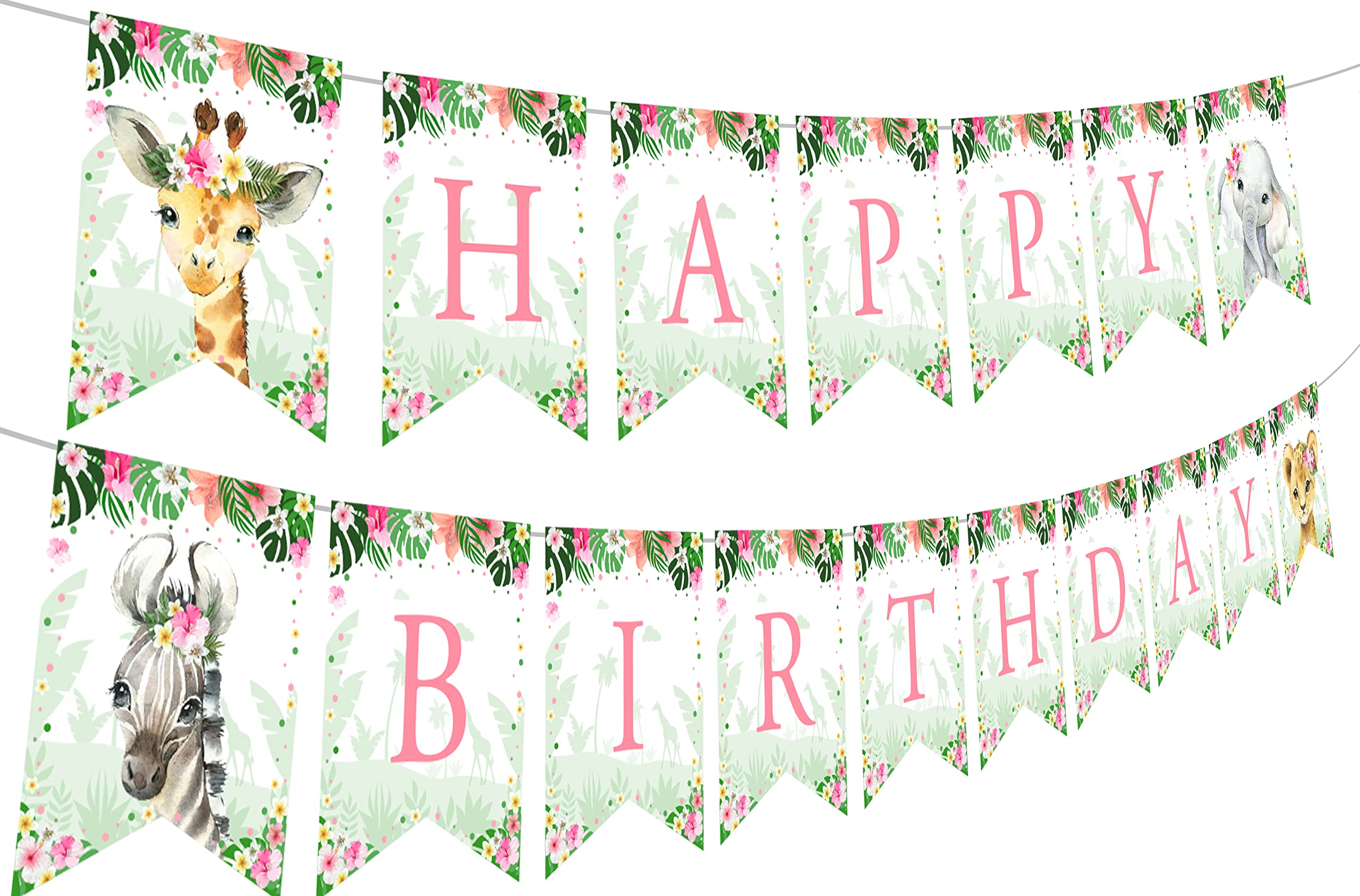 Jungle Happy Birthday Banner for Girls - Green & Pink Safari Theme Birthday Decorations | Perfect for Wild One, Wild Two, Wild Three Birthday Parties & Jungle-Themed Celebrations