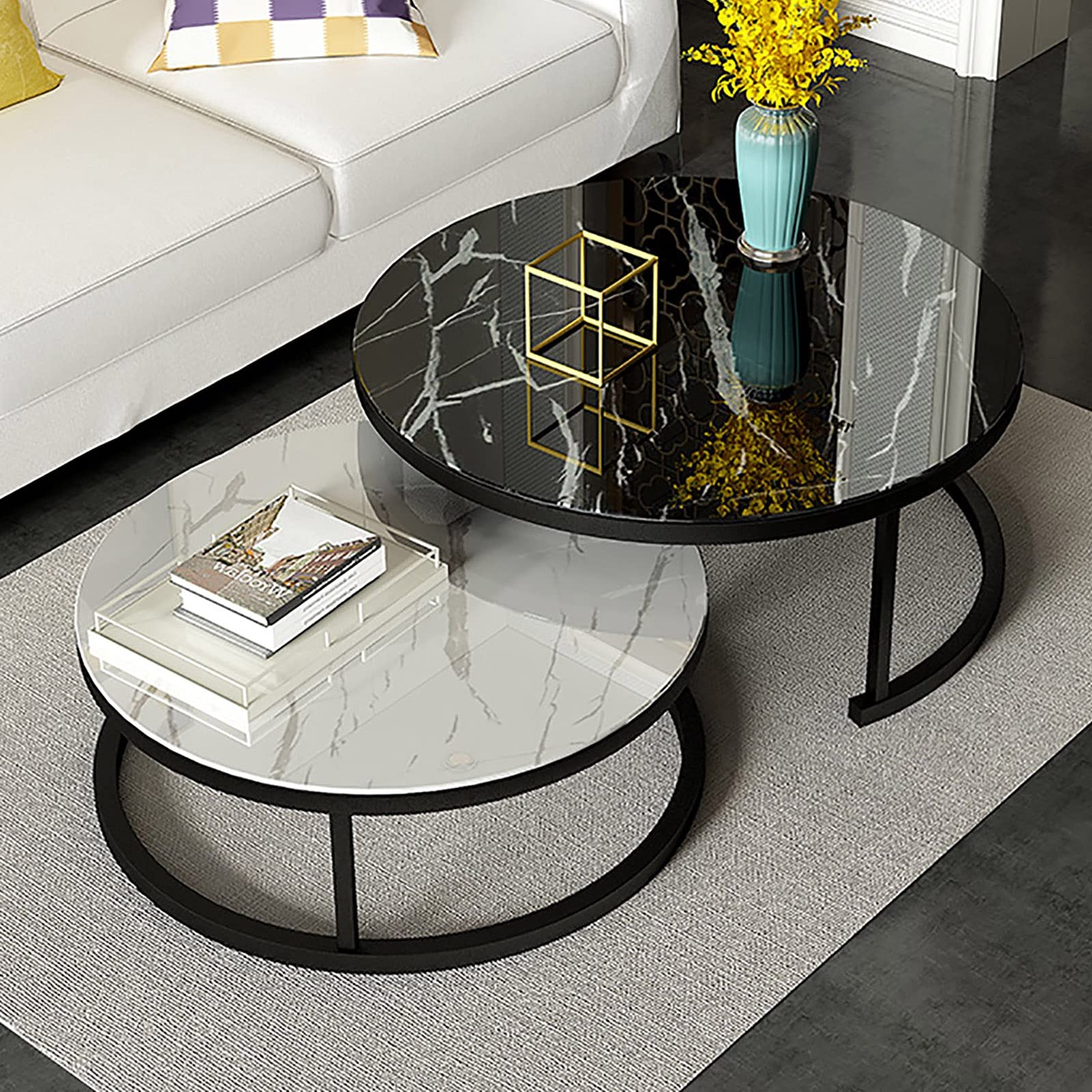 Modern Round Nesting Coffee Table Set of 2 - Stackable Marble Texture End Tables for Living Room, Sofa Side Tables (Black Frame, 28in+20in) - Perfect for Small Spaces, Apartment Decor & Contemporary Home Furnishing