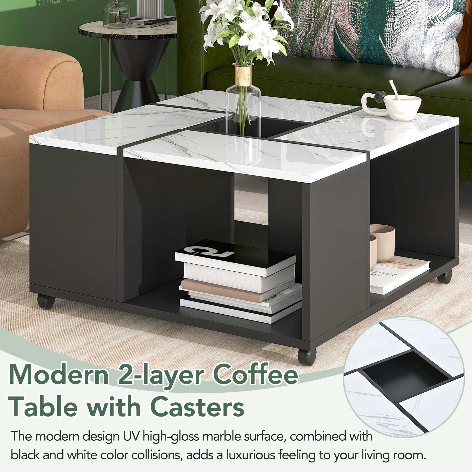 RUNNA Modern 2-Tier UV High-Gloss Marble Coffee Table with Wheels - Square Living Room Center Table with Removable Tray - Corner Accent Table for Small Spaces (White & Black) - Perfect for Apartments, Dorms and Cozy Living Rooms